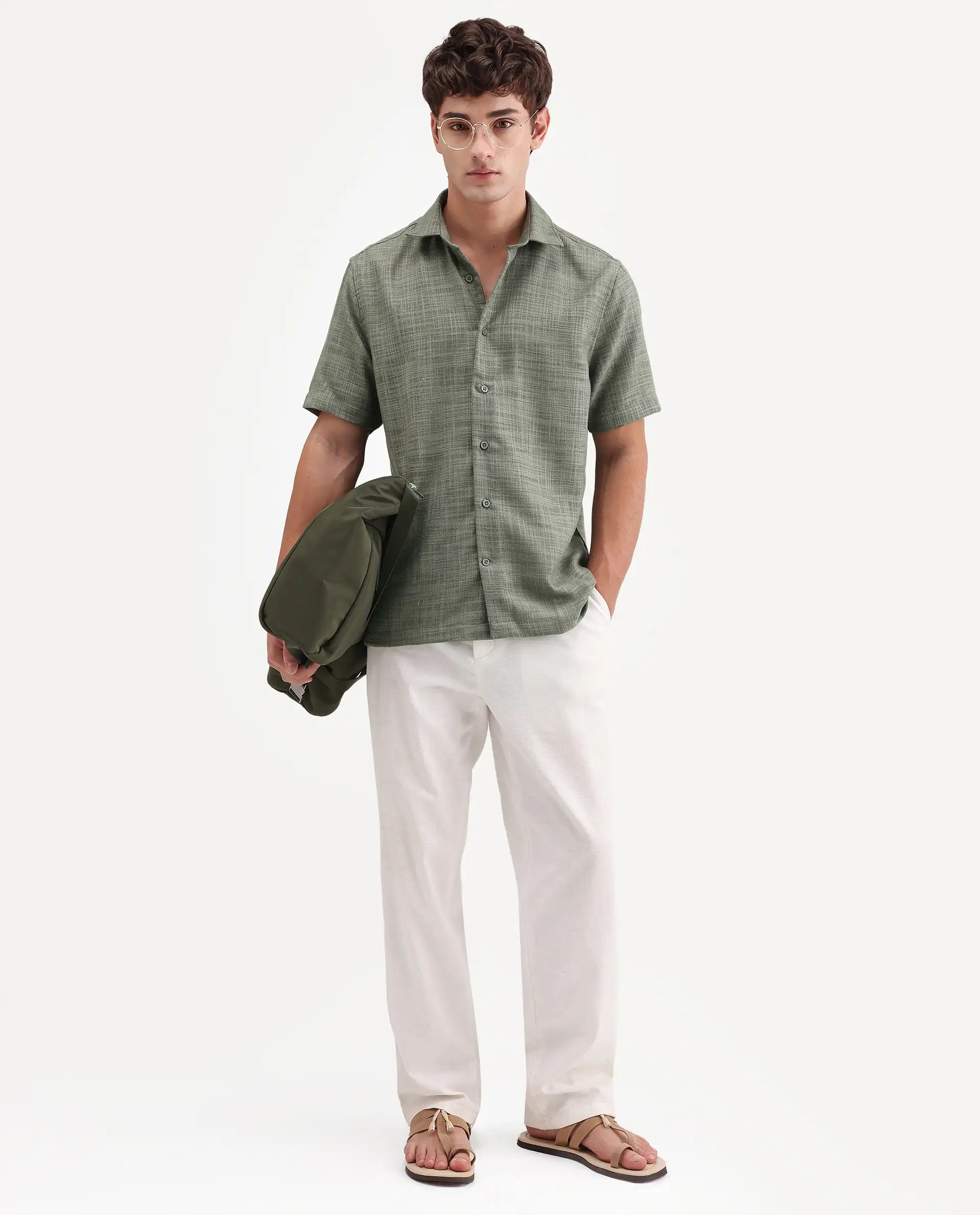 Rare Rabbit Men's Tilo Olive Polyester Fabric Half Sleeve Spread Collar Regular Fit Textured Shirt