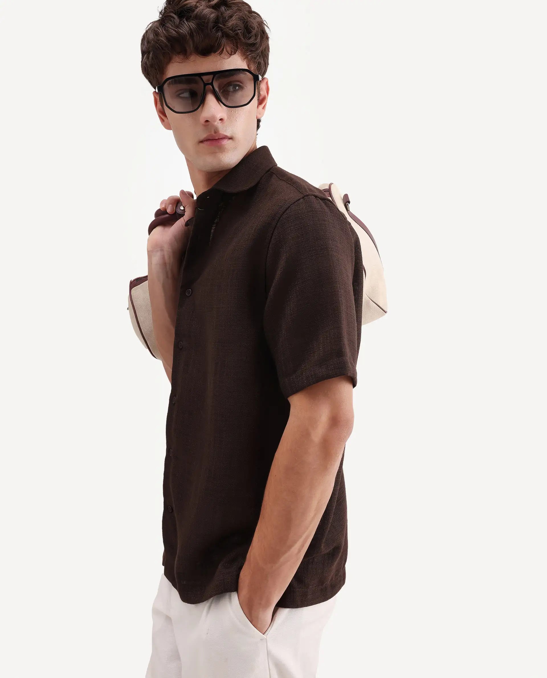 Rare Rabbit Men's Tilo Dark Brown Polyester Fabric Half Sleeve Spread Collar Regular Fit Textured Shirt