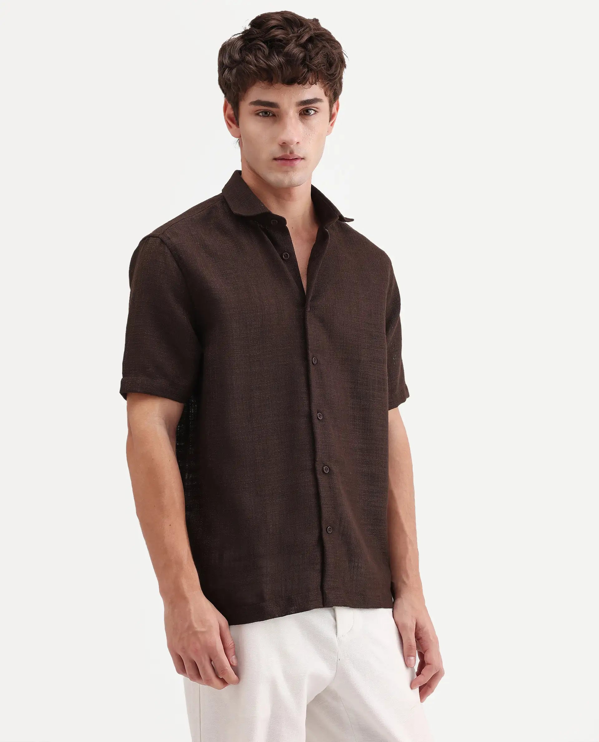 Rare Rabbit Men's Tilo Dark Brown Polyester Fabric Half Sleeve Spread Collar Regular Fit Textured Shirt