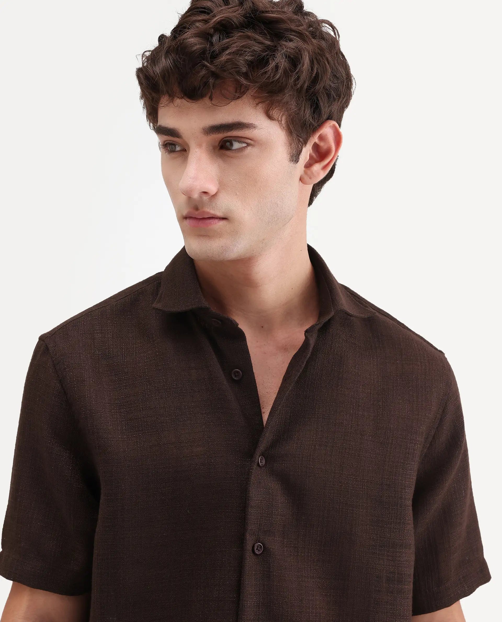 Rare Rabbit Men's Tilo Dark Brown Polyester Fabric Half Sleeve Spread Collar Regular Fit Textured Shirt