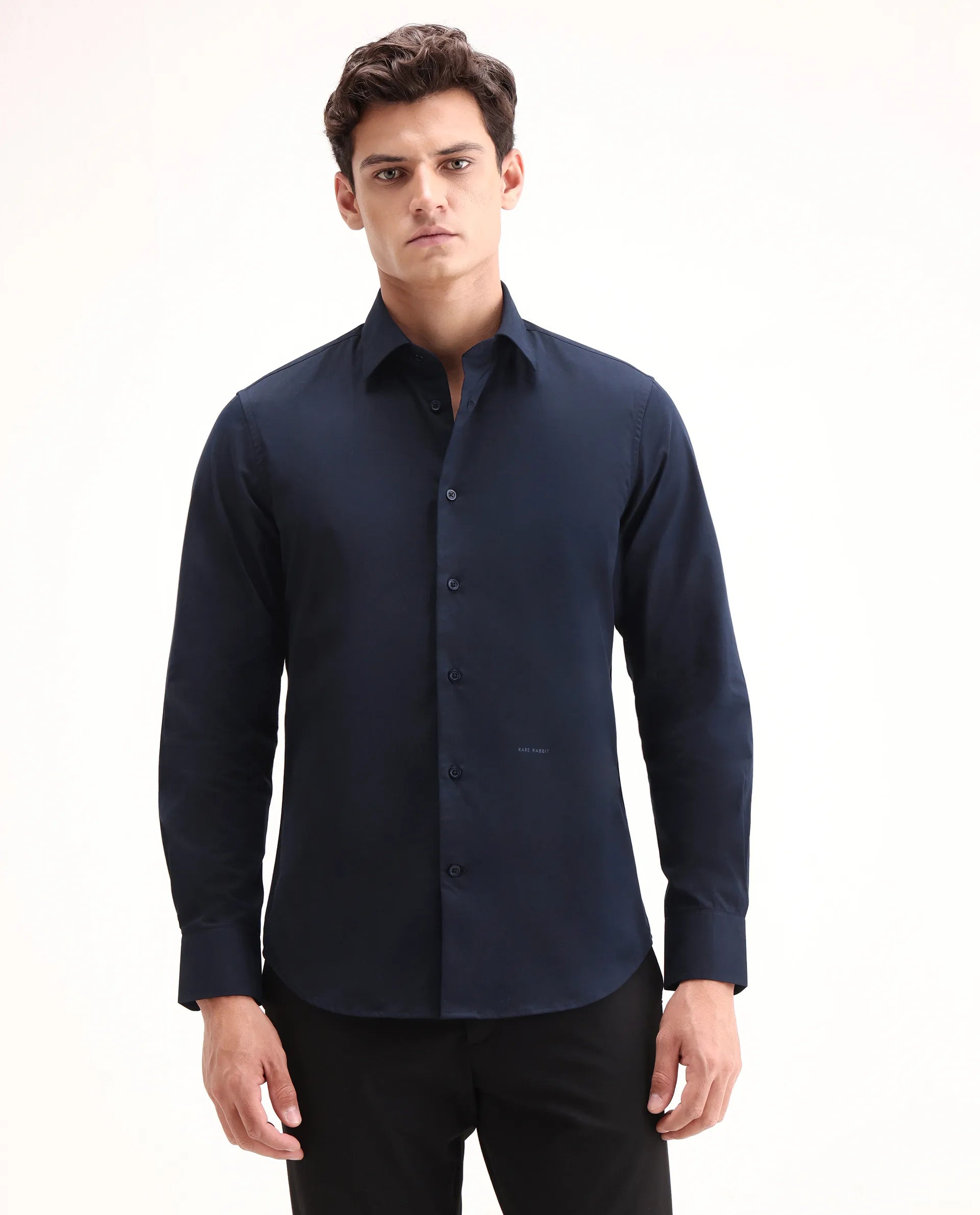 Rare Rabbit Men's Edro Navy Cotton Fabric Full Sleeve Collared Regular Fit Plain Shirt