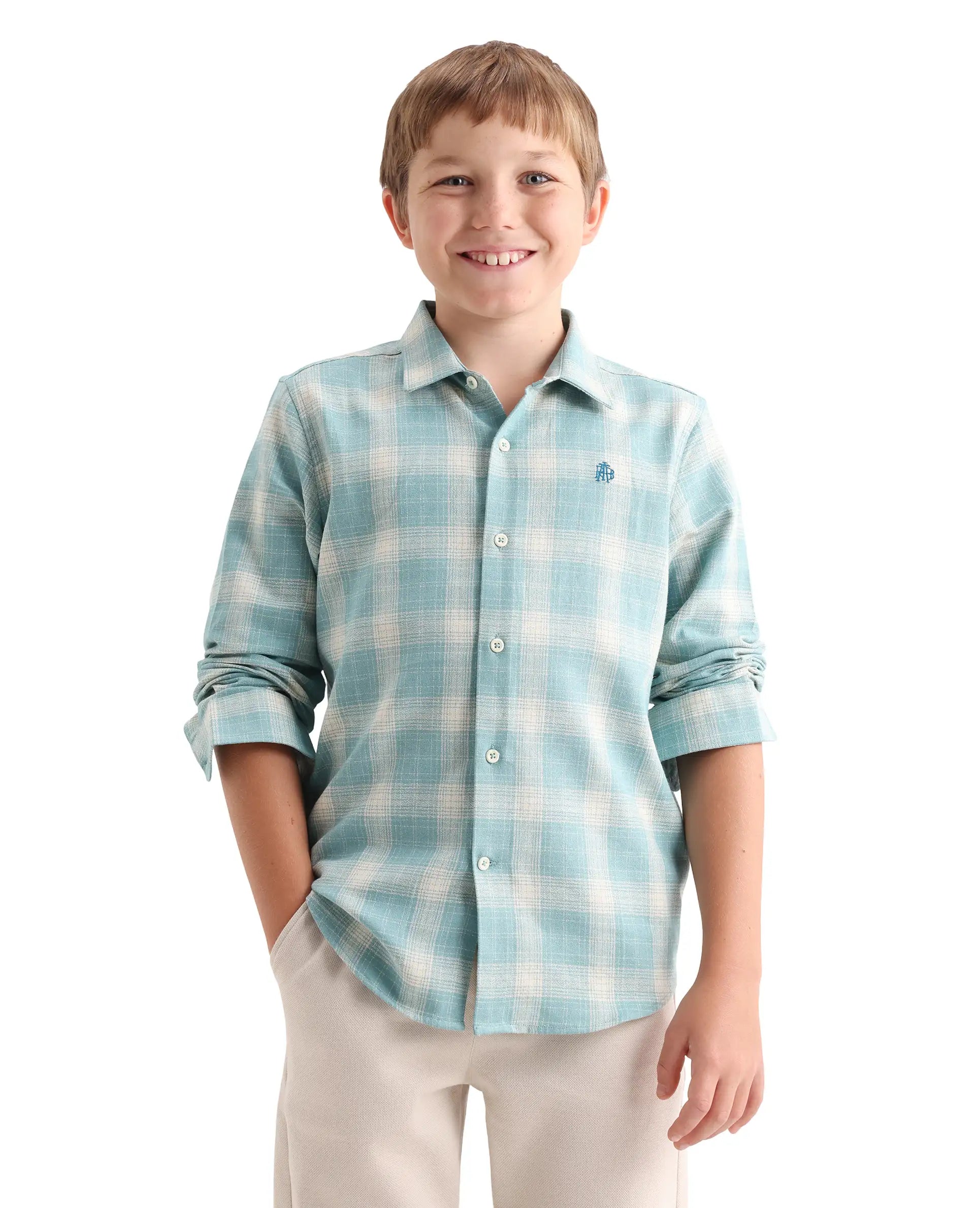 Rare Ones Kids Laken Light Green Cotton Fabric Button Closure Regular Fit Shirt