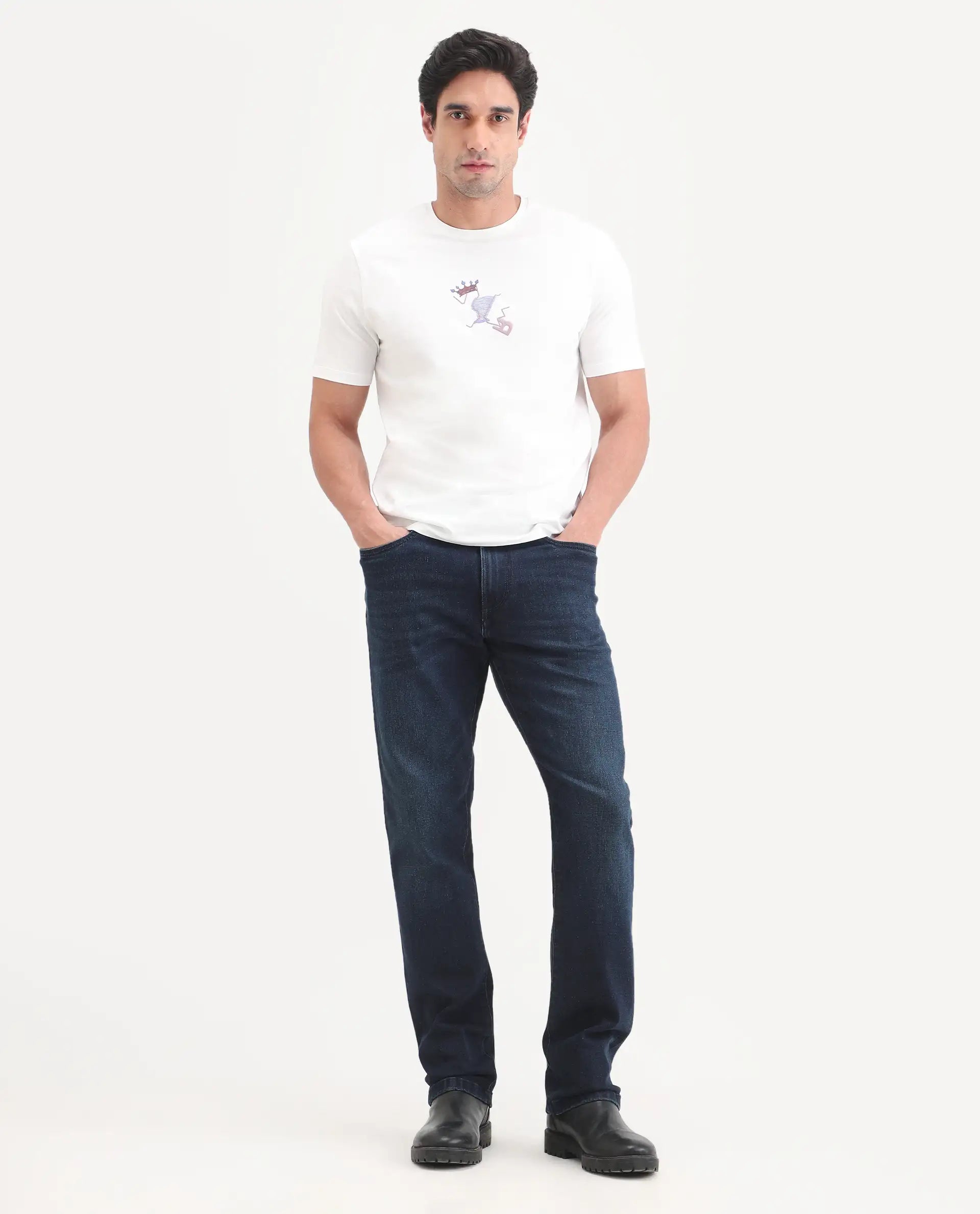 Rare Rabbit Men's Evolve 26 Dark Navy Cotton Blend Morris Regular Fit Plain Jeans