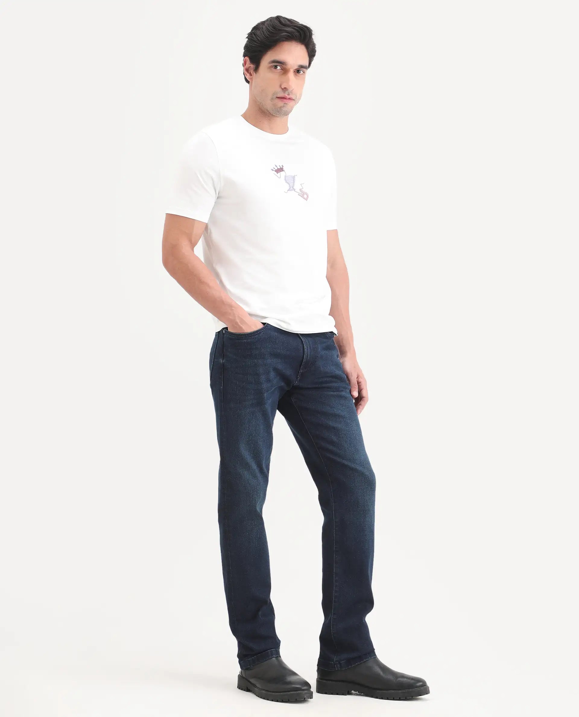 Rare Rabbit Men's Evolve 26 Dark Navy Cotton Blend Morris Regular Fit Plain Jeans