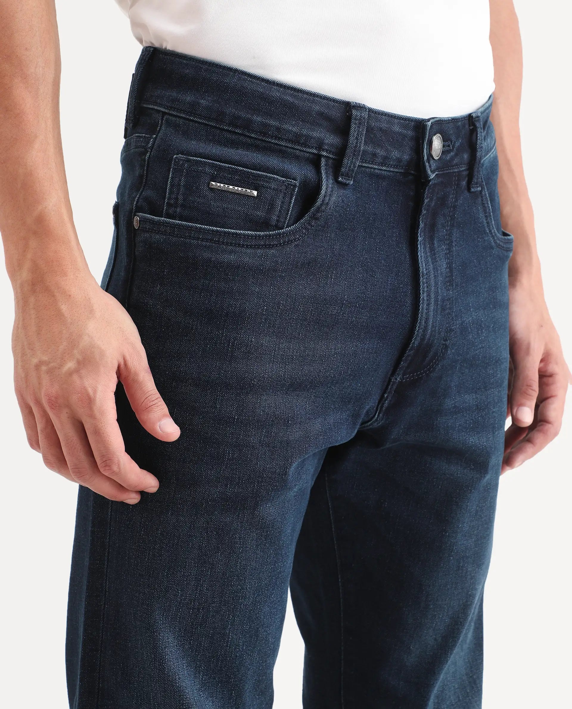 Rare Rabbit Men's Evolve 26 Dark Navy Cotton Blend Morris Regular Fit Plain Jeans