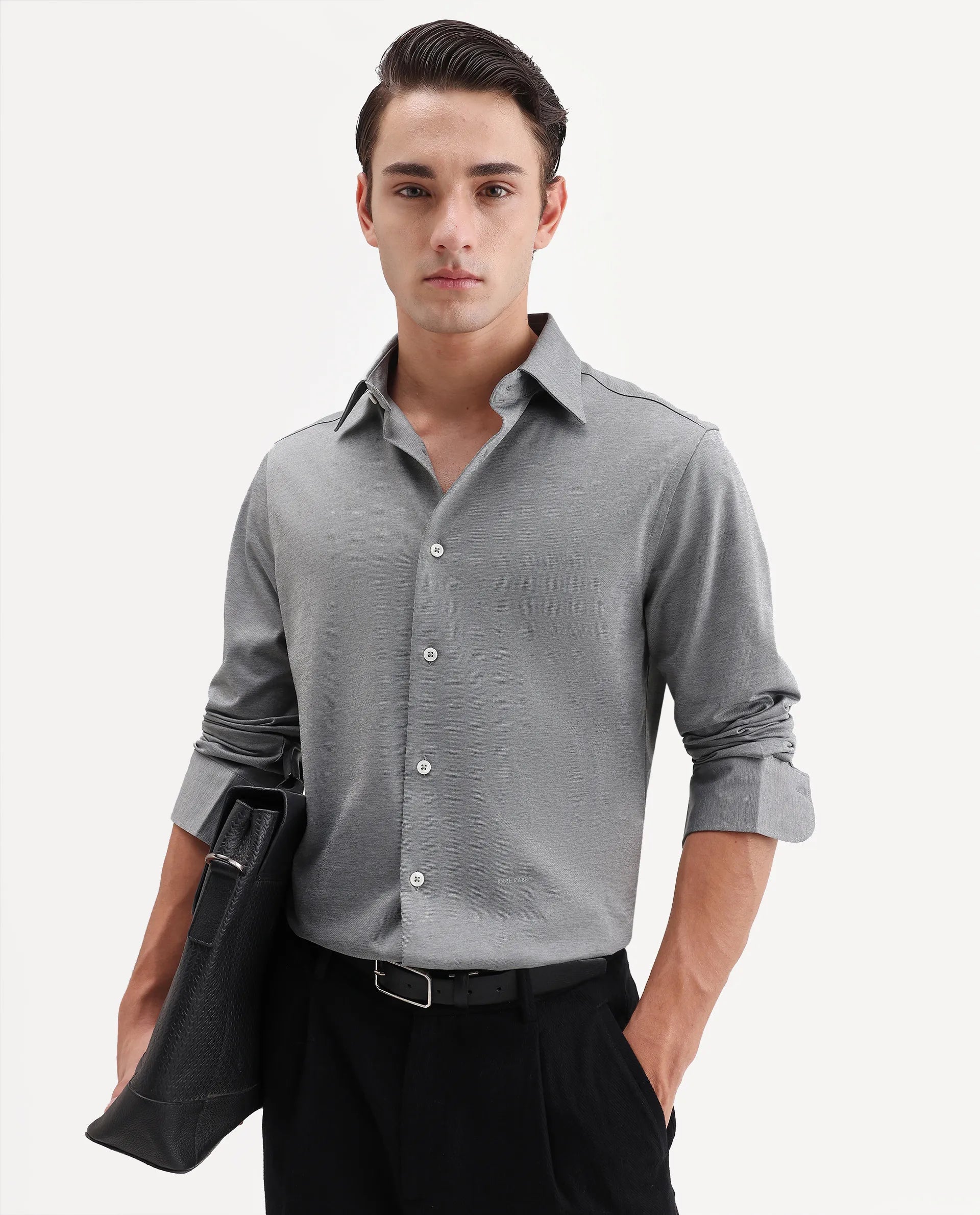 Rare Rabbit Men's Bogi Light Grey Cotton Blend Full Sleeve Spread Collar Regular Fit Plain Shirt