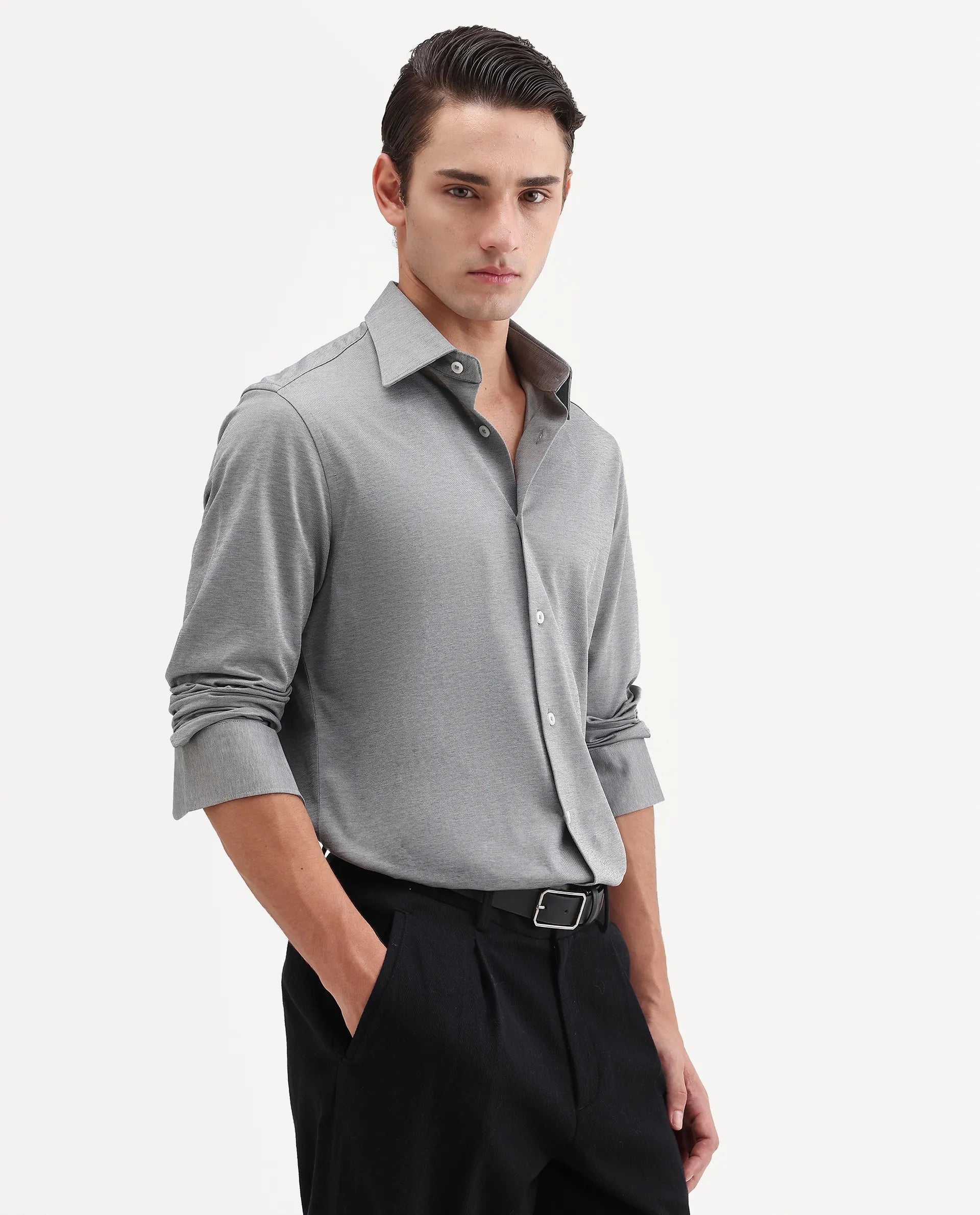 Rare Rabbit Men's Bogi Light Grey Cotton Blend Full Sleeve Spread Collar Regular Fit Plain Shirt