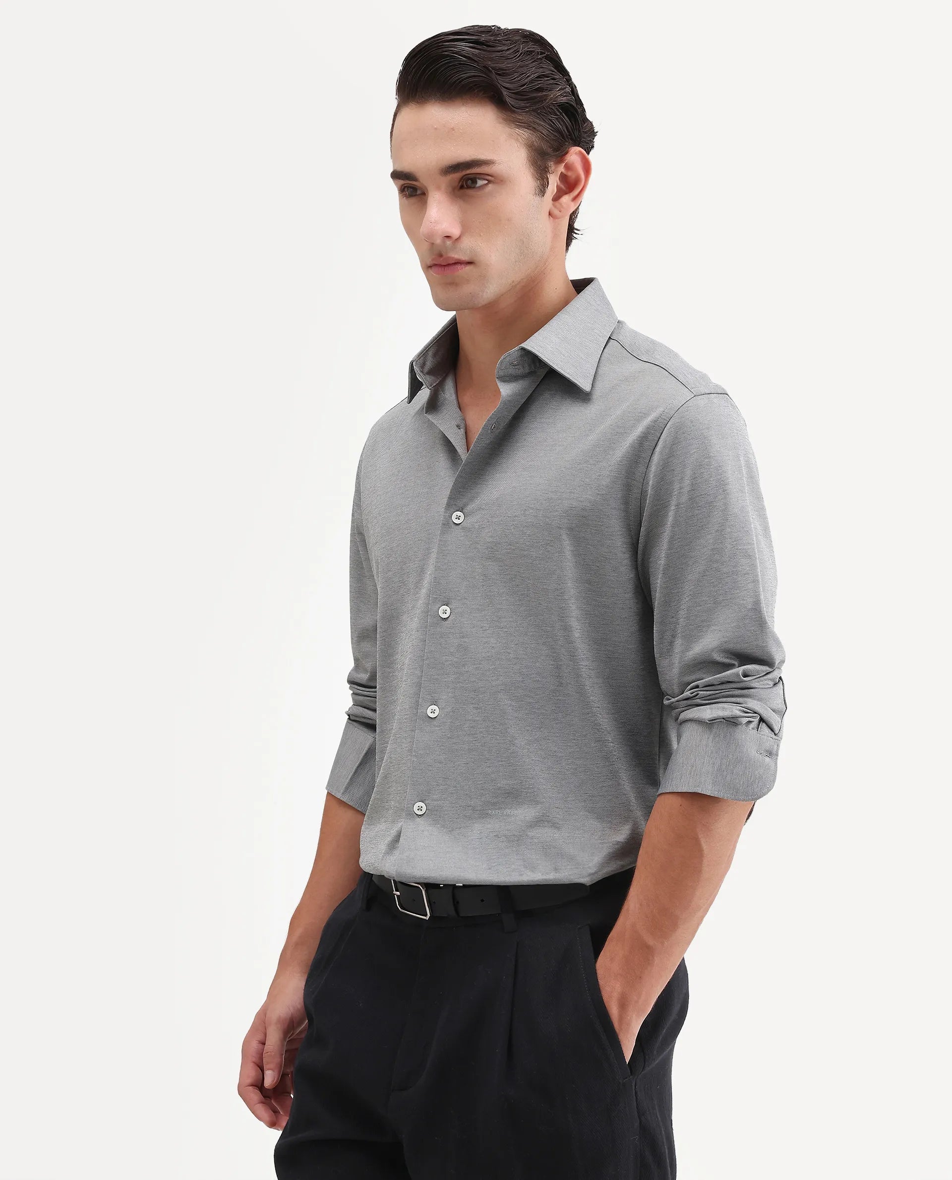 Rare Rabbit Men's Bogi Light Grey Cotton Blend Full Sleeve Spread Collar Regular Fit Plain Shirt