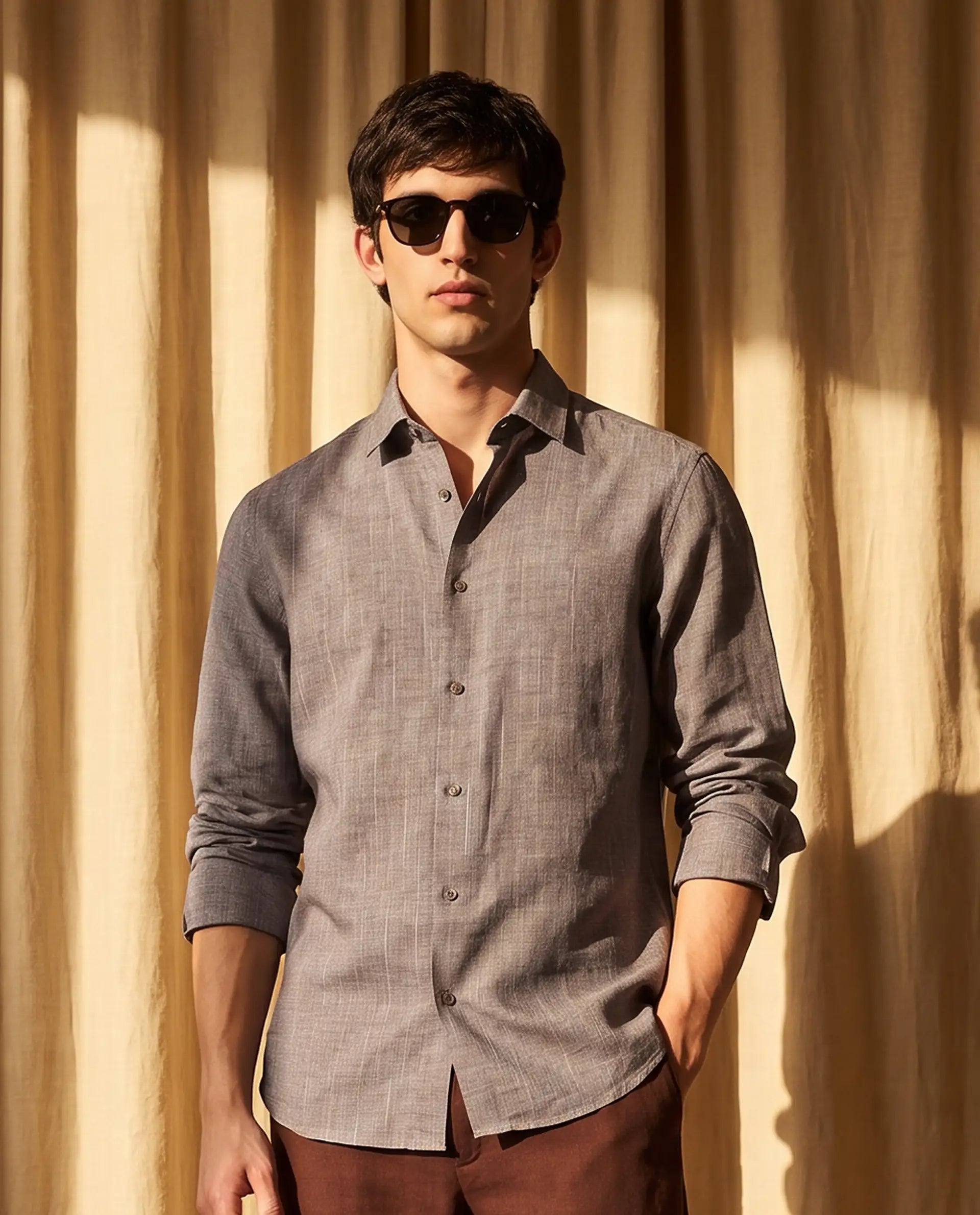 Rare Rabbit Men's Borium-26 Beige 100% Linen Full Sleeve Spread Collar Regular Fit Plain Shirt