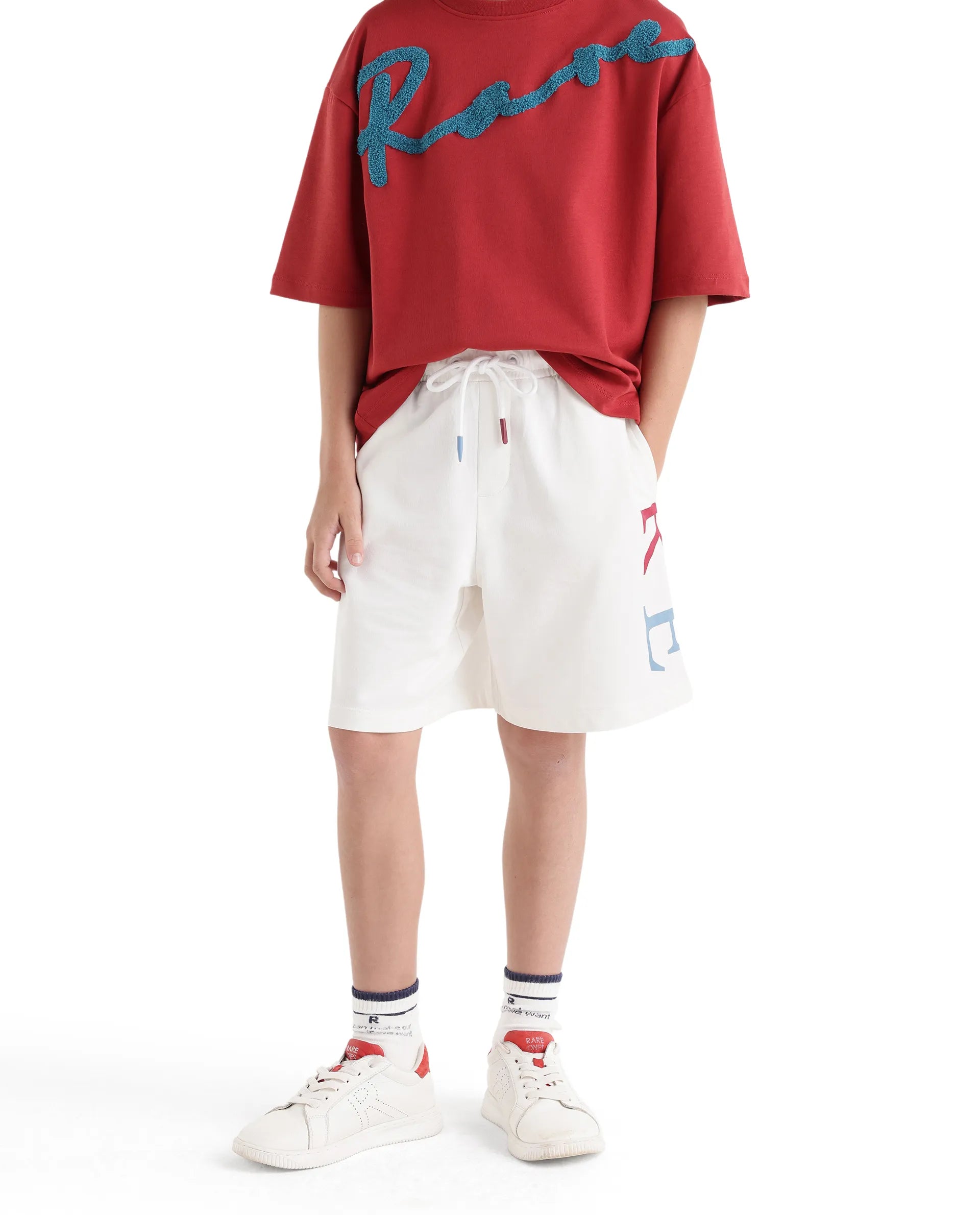 Rare Ones Kids Rixo-B White Cotton Fabric Drawstring Closure Pigment Print Regular Fit Shorts