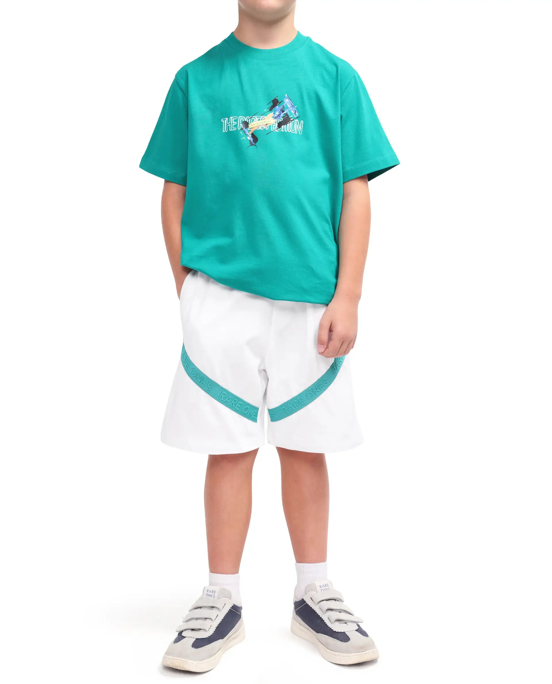 Rare Ones Kids Dream-B White Cotton Fabric Drawstring Closure Badge Applique Regular Fit Shorts