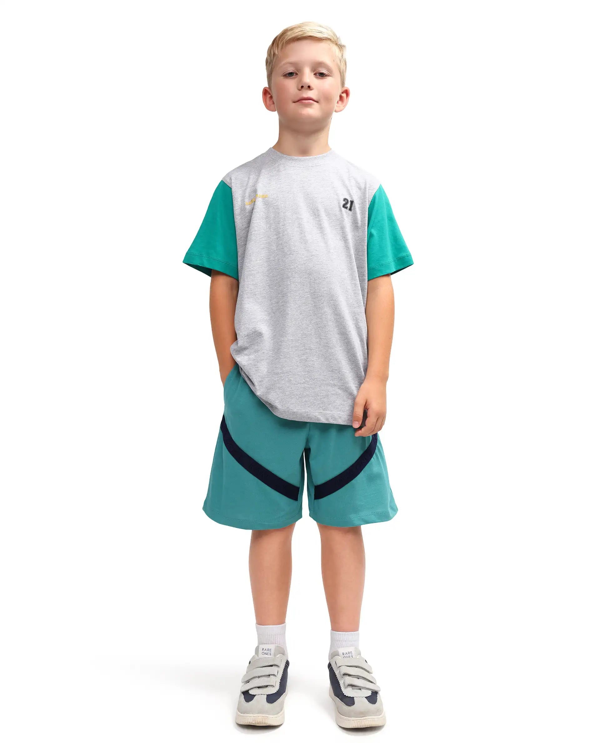 Rare Ones Kids Dream-B Teal Cotton Fabric Drawstring Closure Badge Applique Regular Fit Shorts