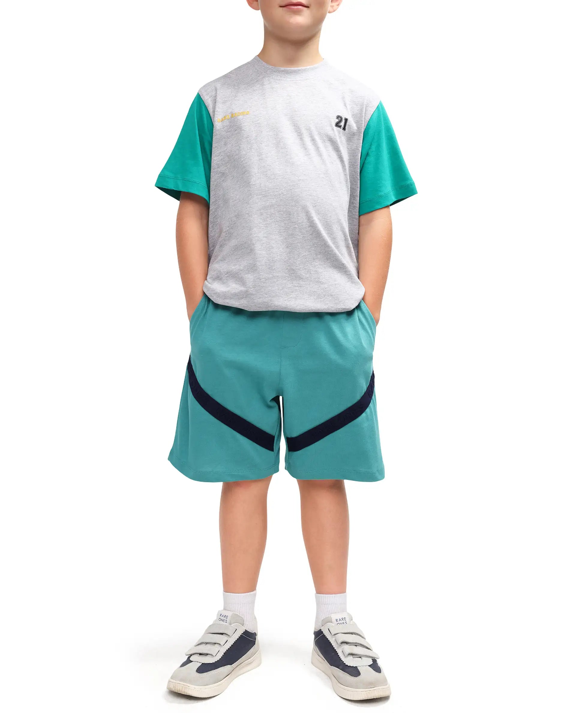 Rare Ones Kids Dream-B Teal Cotton Fabric Drawstring Closure Badge Applique Regular Fit Shorts