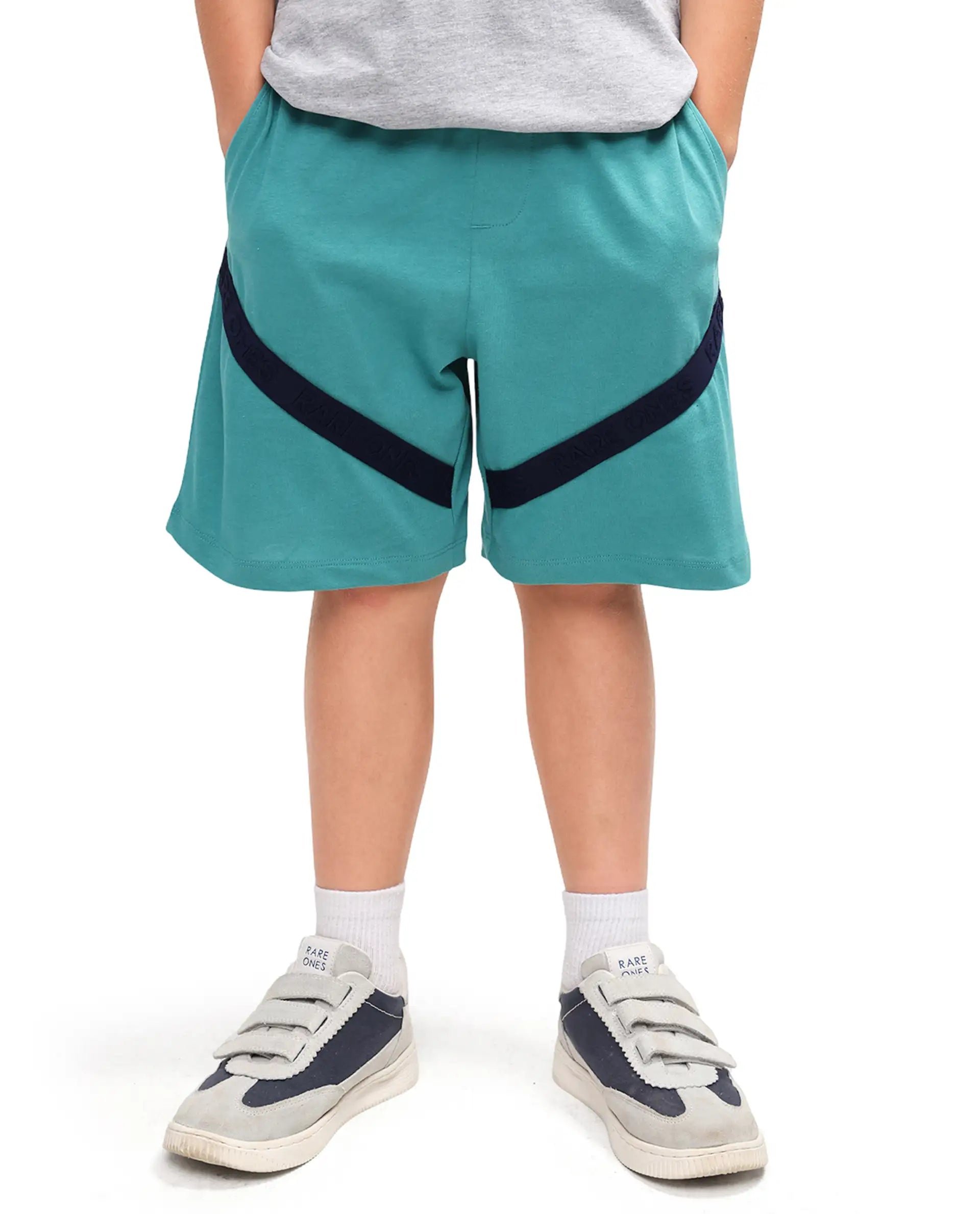 Rare Ones Kids Dream-B Teal Cotton Fabric Drawstring Closure Badge Applique Regular Fit Shorts