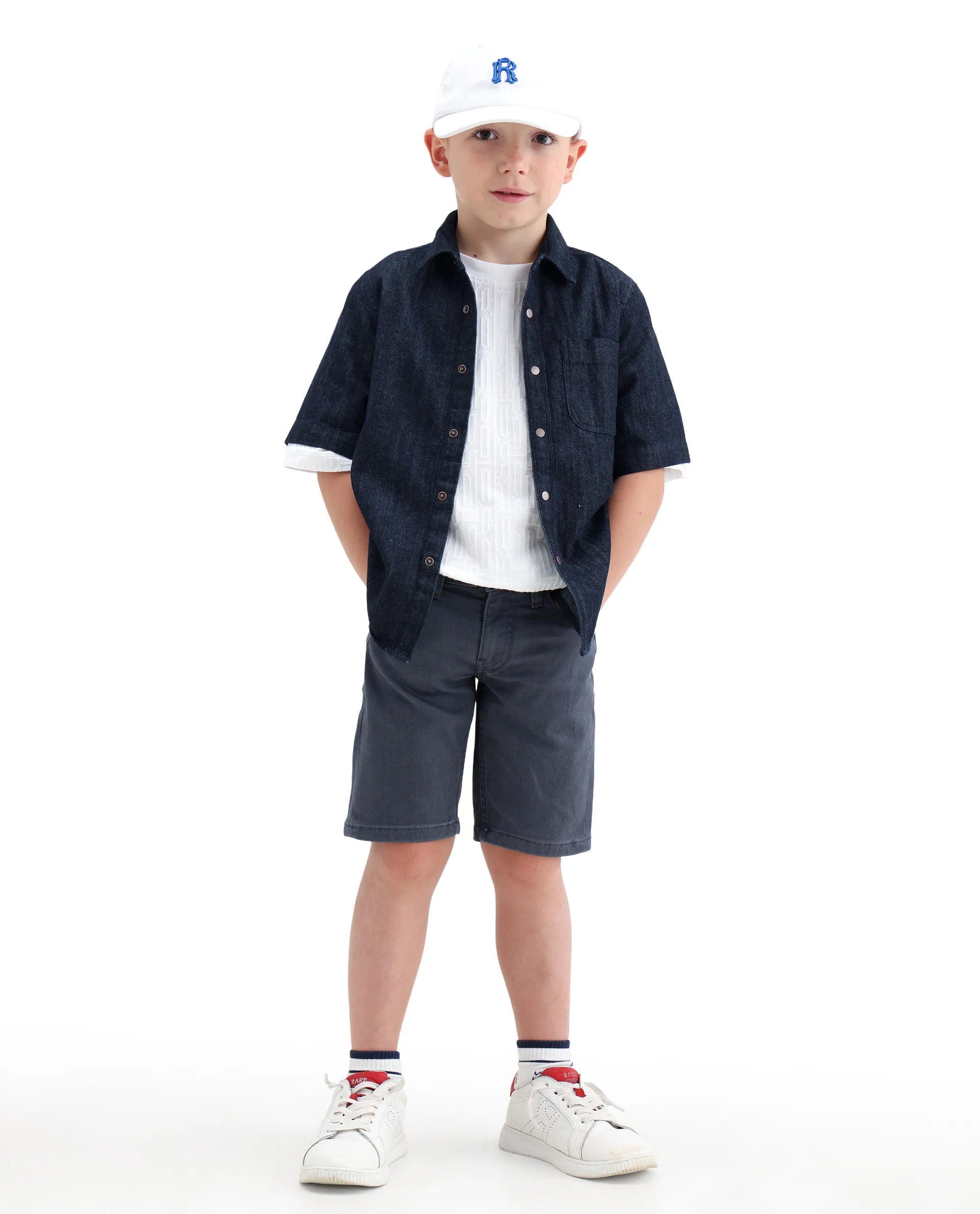 Rare Ones Kids Dell Grey Cotton Blend Fabric Button And Zipper Closure Regular Fit Shorts