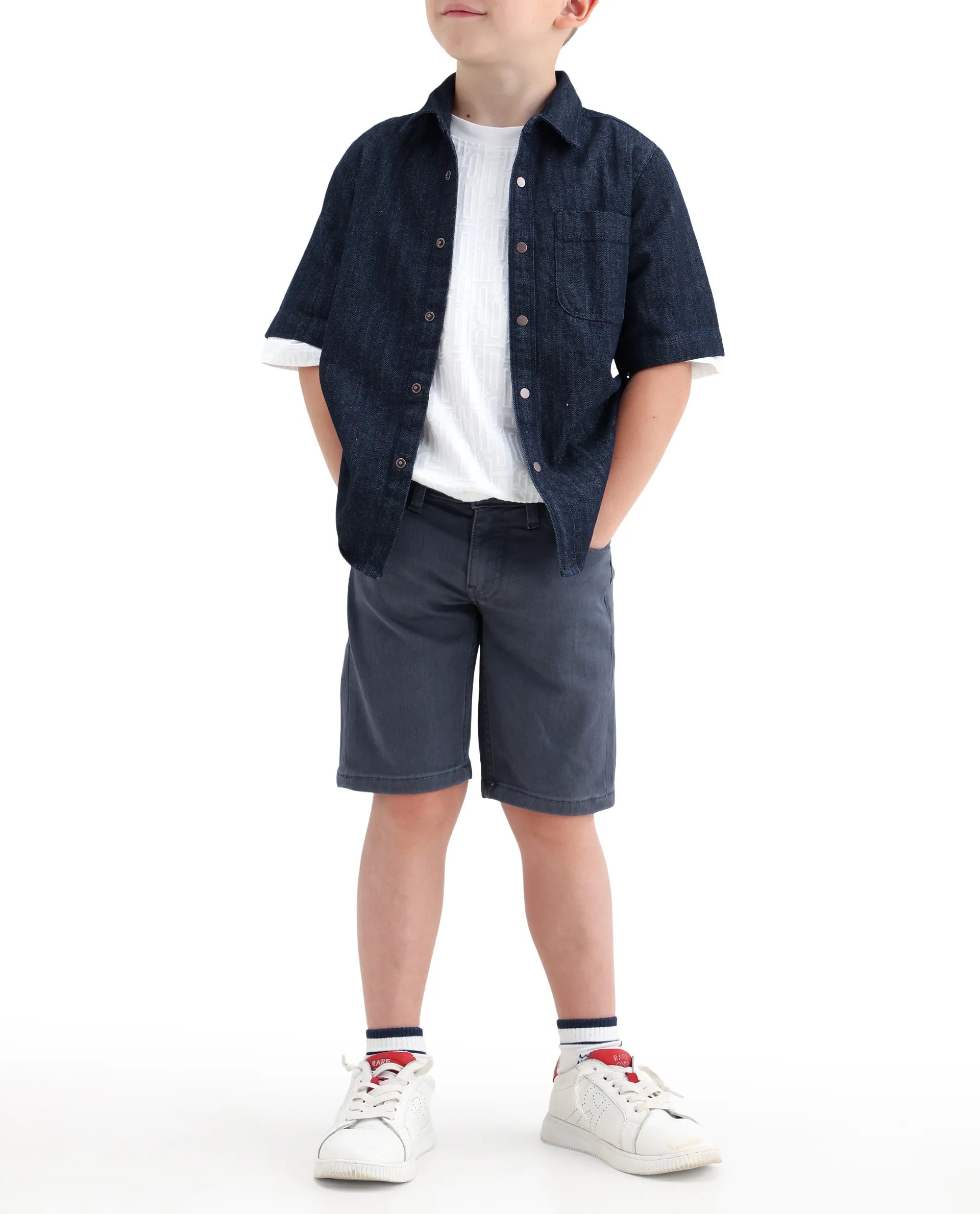 Rare Ones Kids Dell Grey Cotton Blend Fabric Button And Zipper Closure Regular Fit Shorts