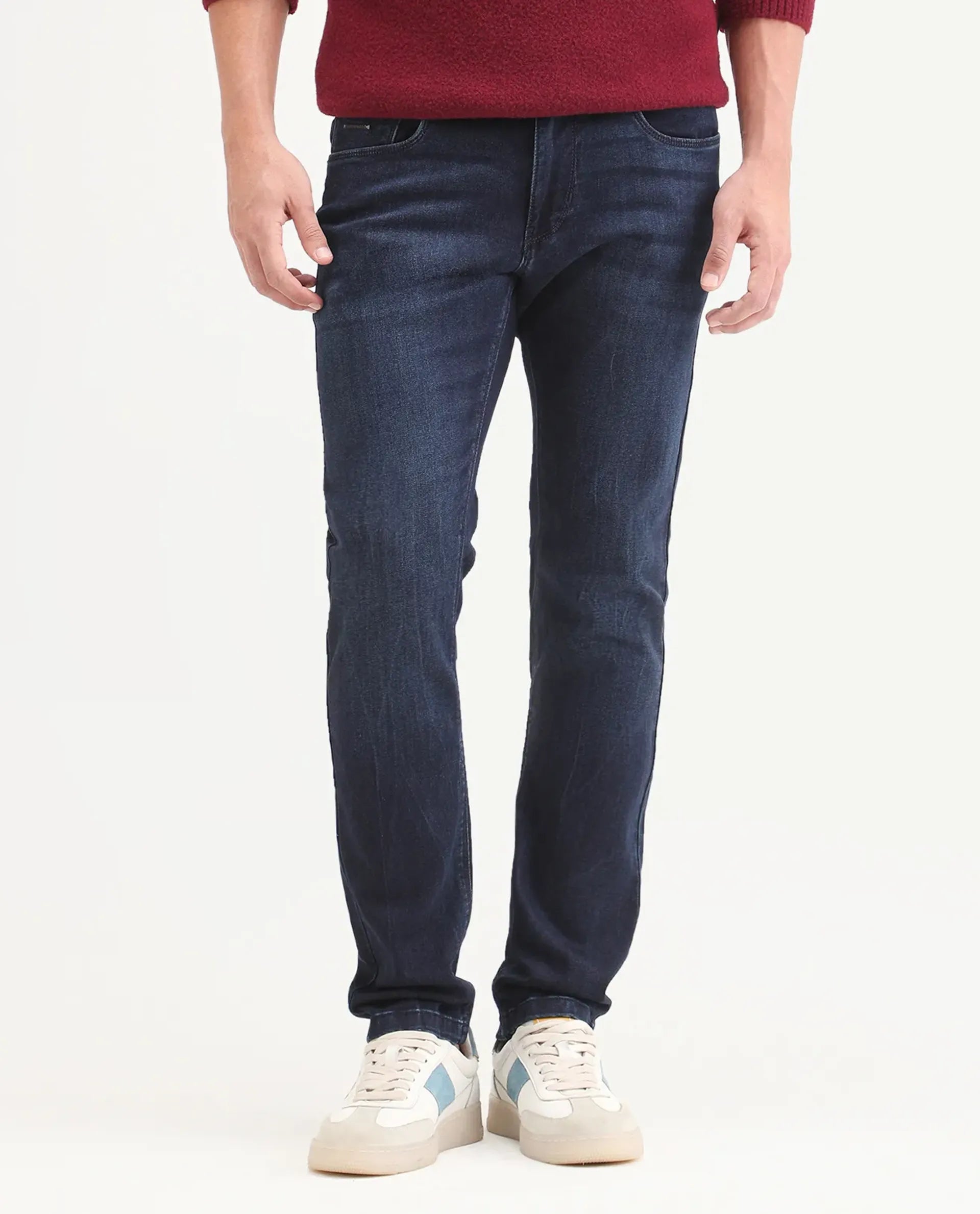 Rare Rabbit Men's Emil 26 Blue Cotton Blend Hawk Slim Fit Plain Jeans