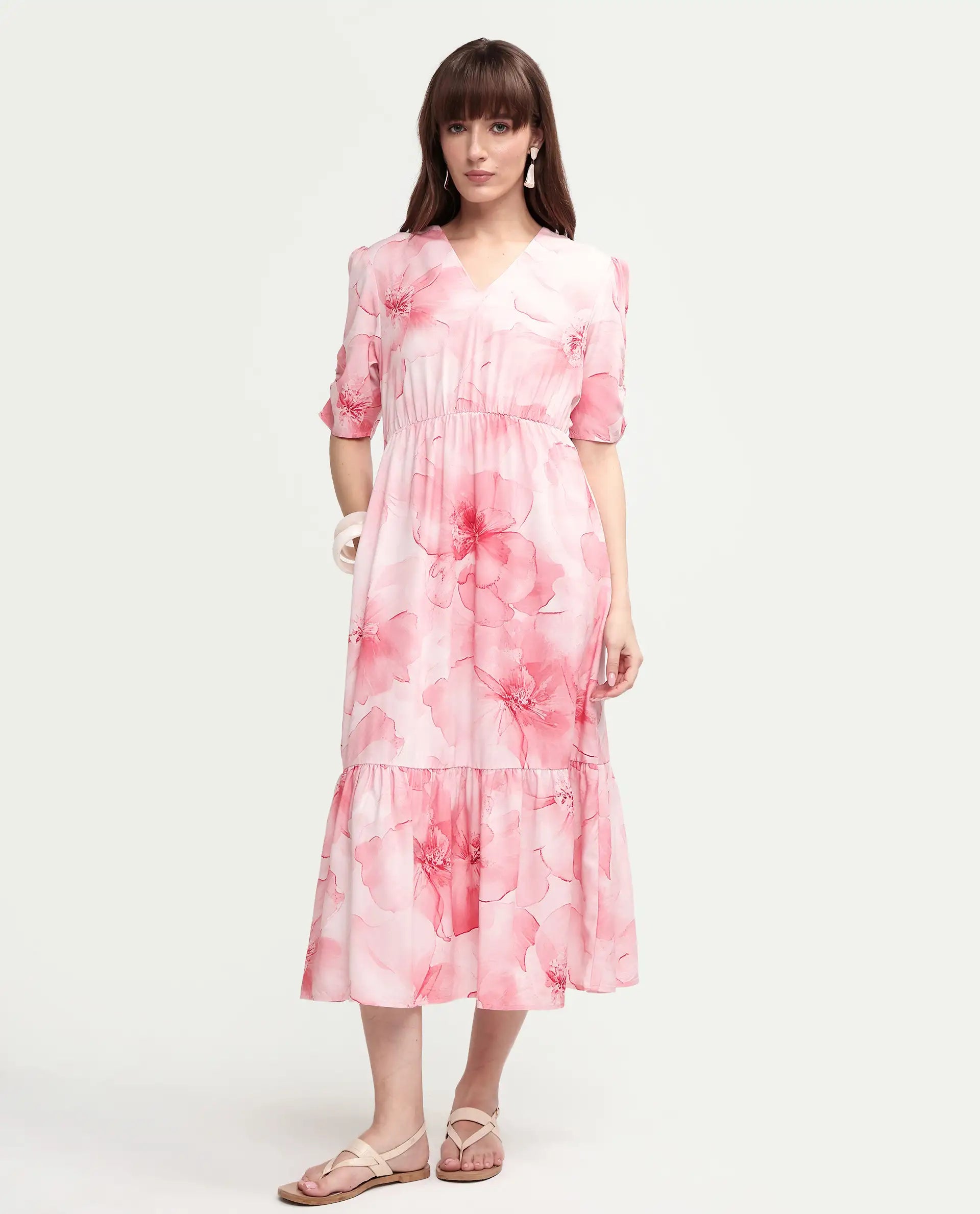 Rareism Women's Vuxo Peach Viscose Half Sleeve V-Neck Fit And Flare Floral Print Dress