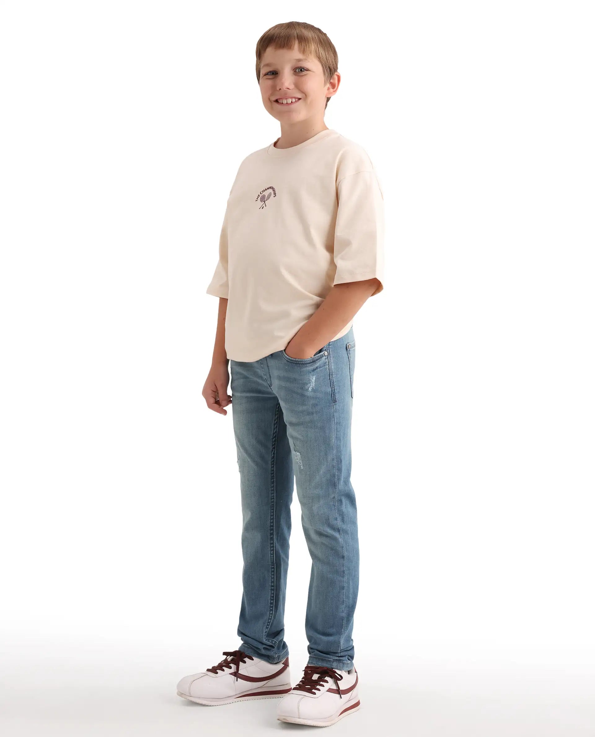 Rare Ones Kids Beck-2 Light Blue Cotton Blend Fabric Drawstring Closure Slim Fit Jeans