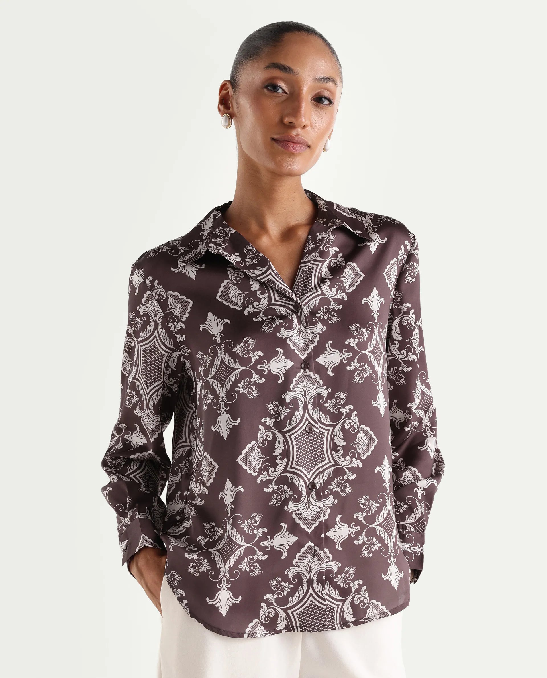 Rareism Women's Alor Brown Polyester Full Sleeve Spread Collar Relaxed Fit Printed Shirt
