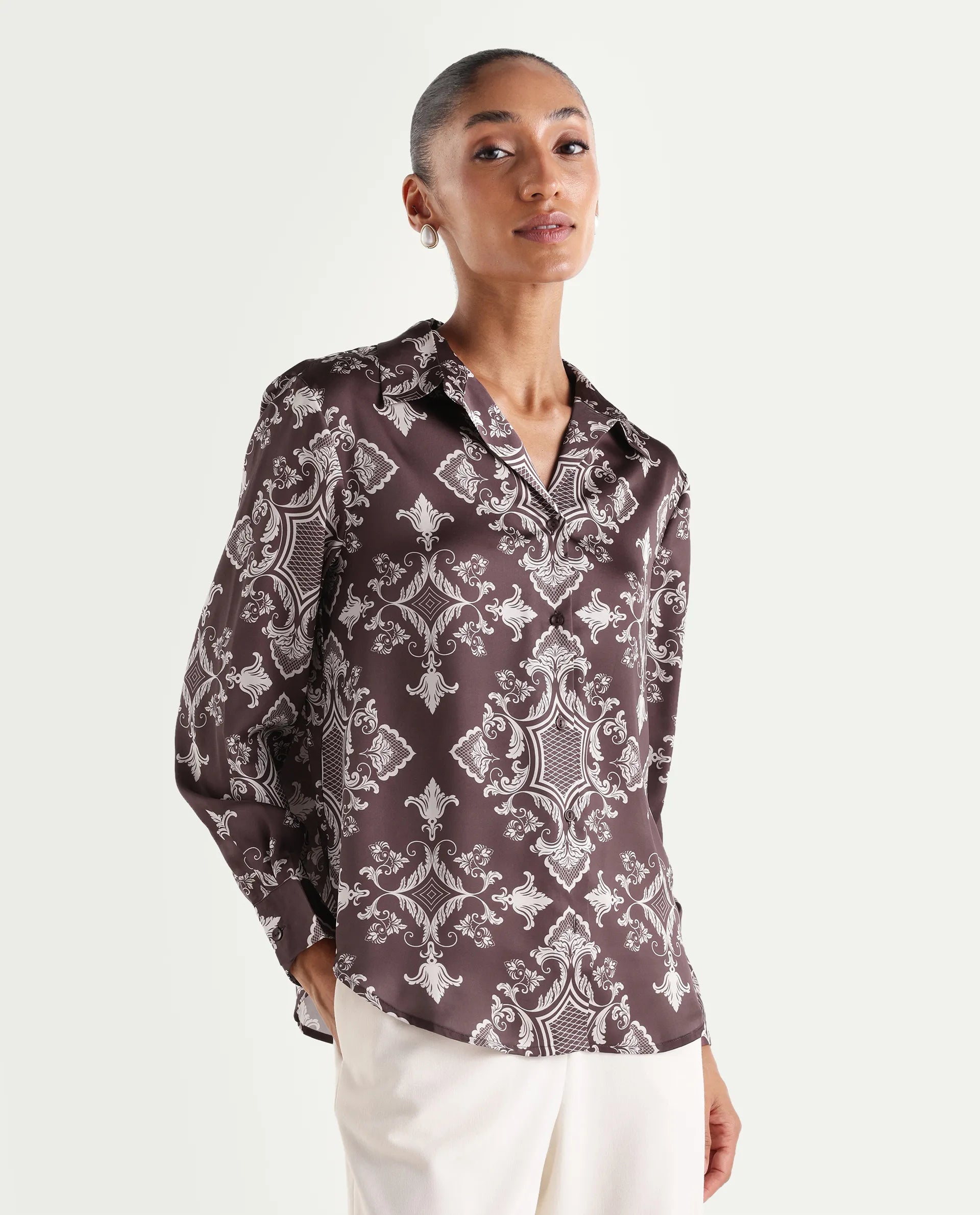 Rareism Women's Alor Brown Polyester Full Sleeve Spread Collar Relaxed Fit Printed Shirt