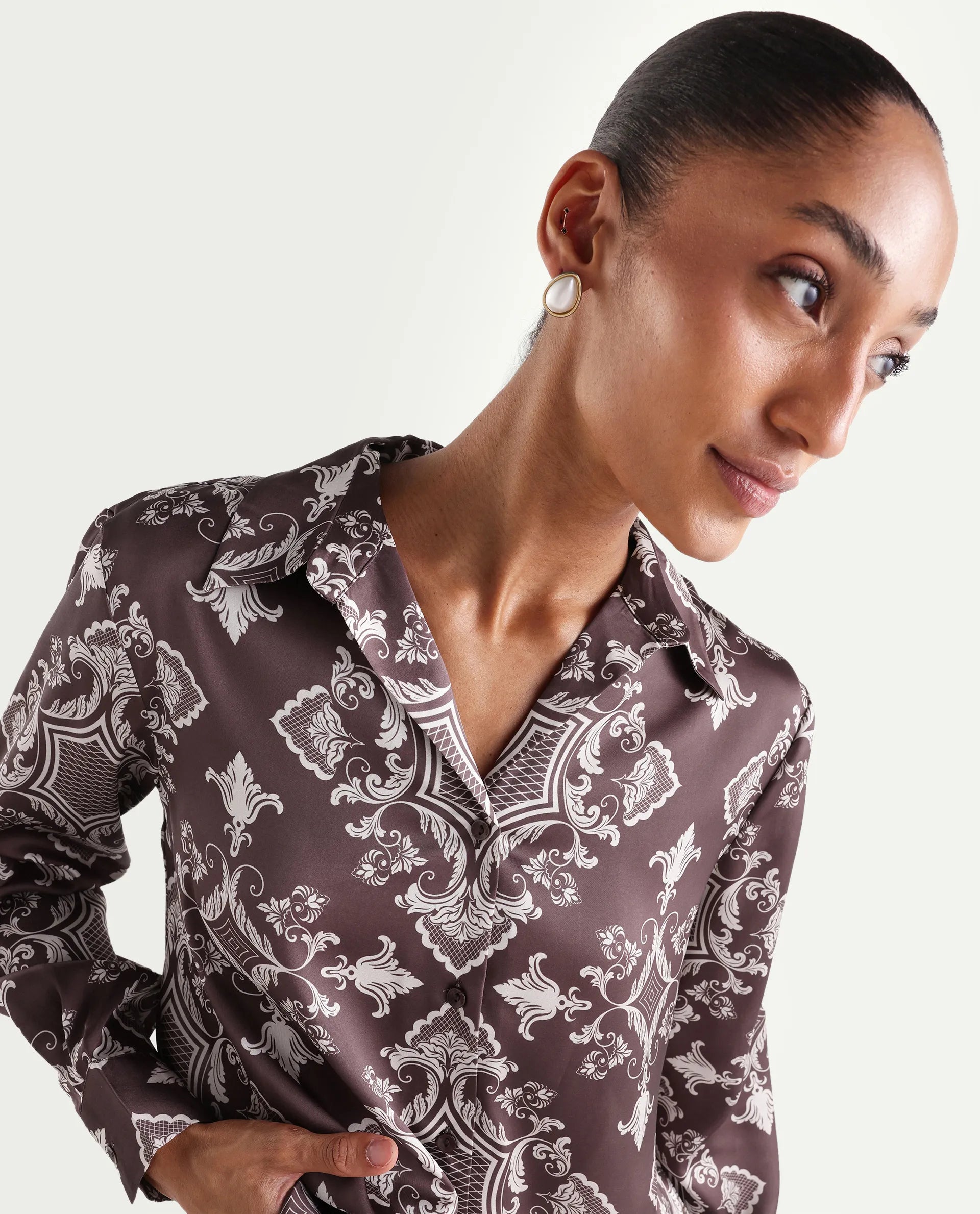 Rareism Women's Alor Brown Polyester Full Sleeve Spread Collar Relaxed Fit Printed Shirt