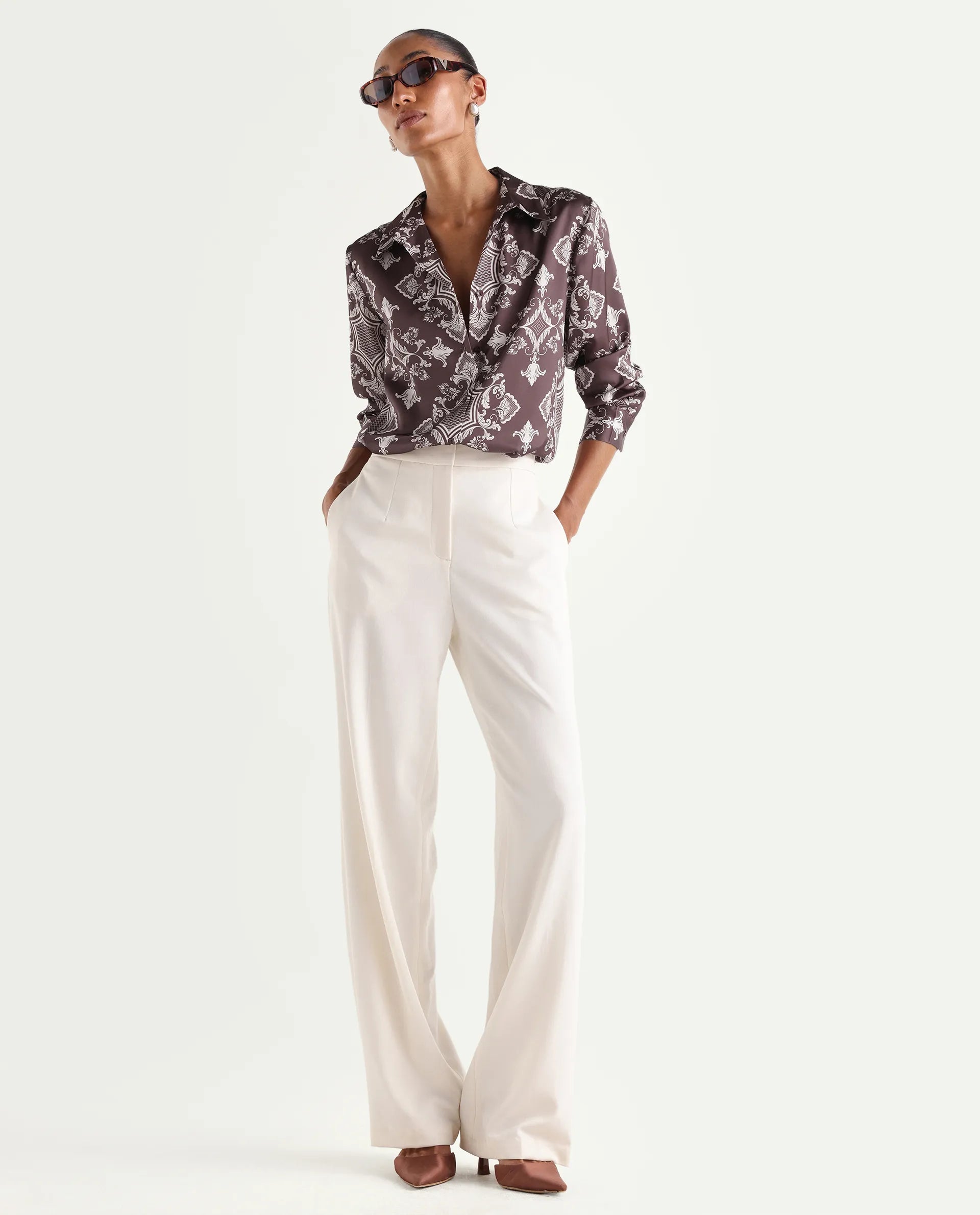 Rareism Women's Alor Brown Polyester Full Sleeve Spread Collar Relaxed Fit Printed Shirt