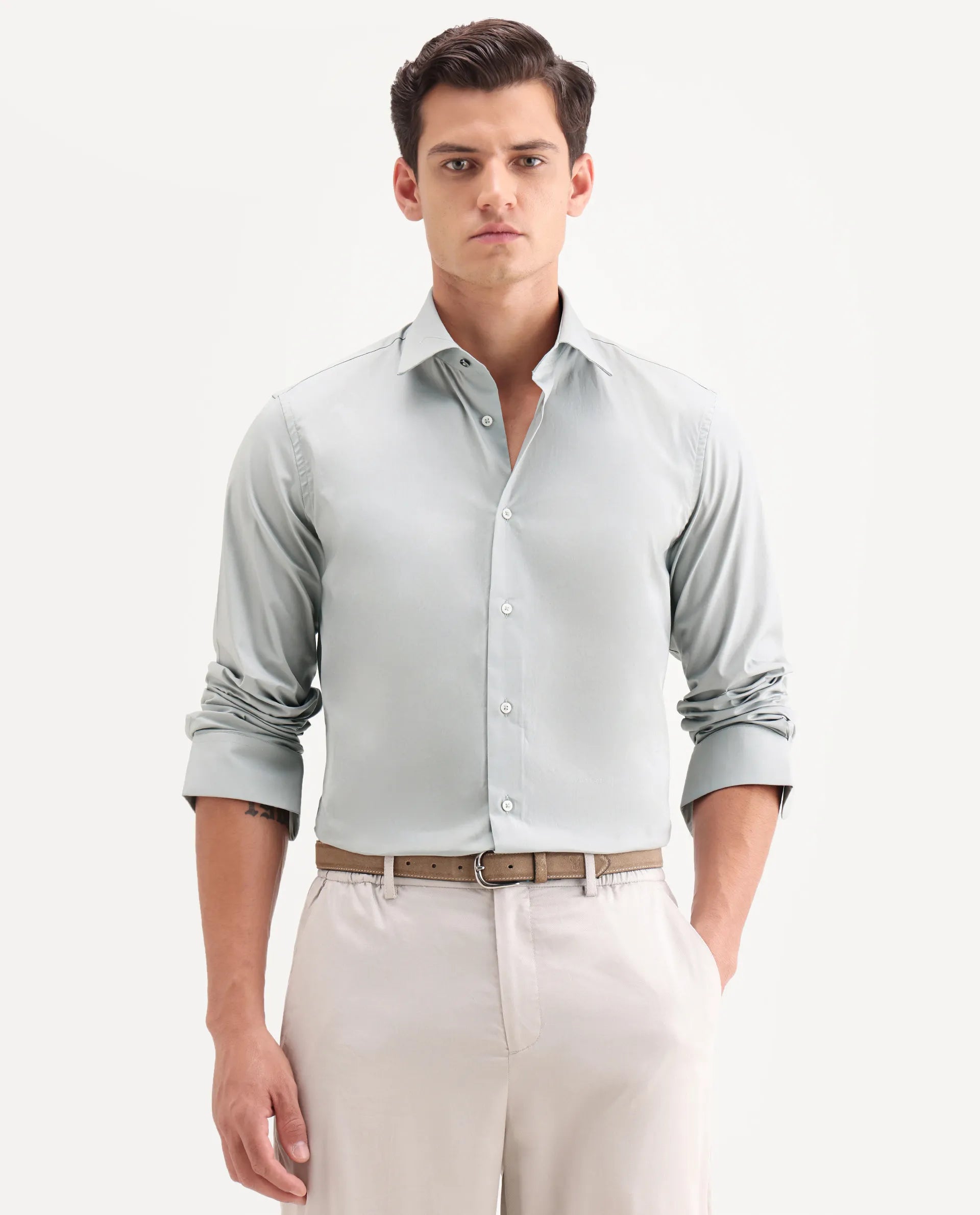 Rare Rabbit Men's Neutron-Ss26 Dusky Green Cotton Blend Full Sleeve Spread Collar Regular Fit Plain Shirt