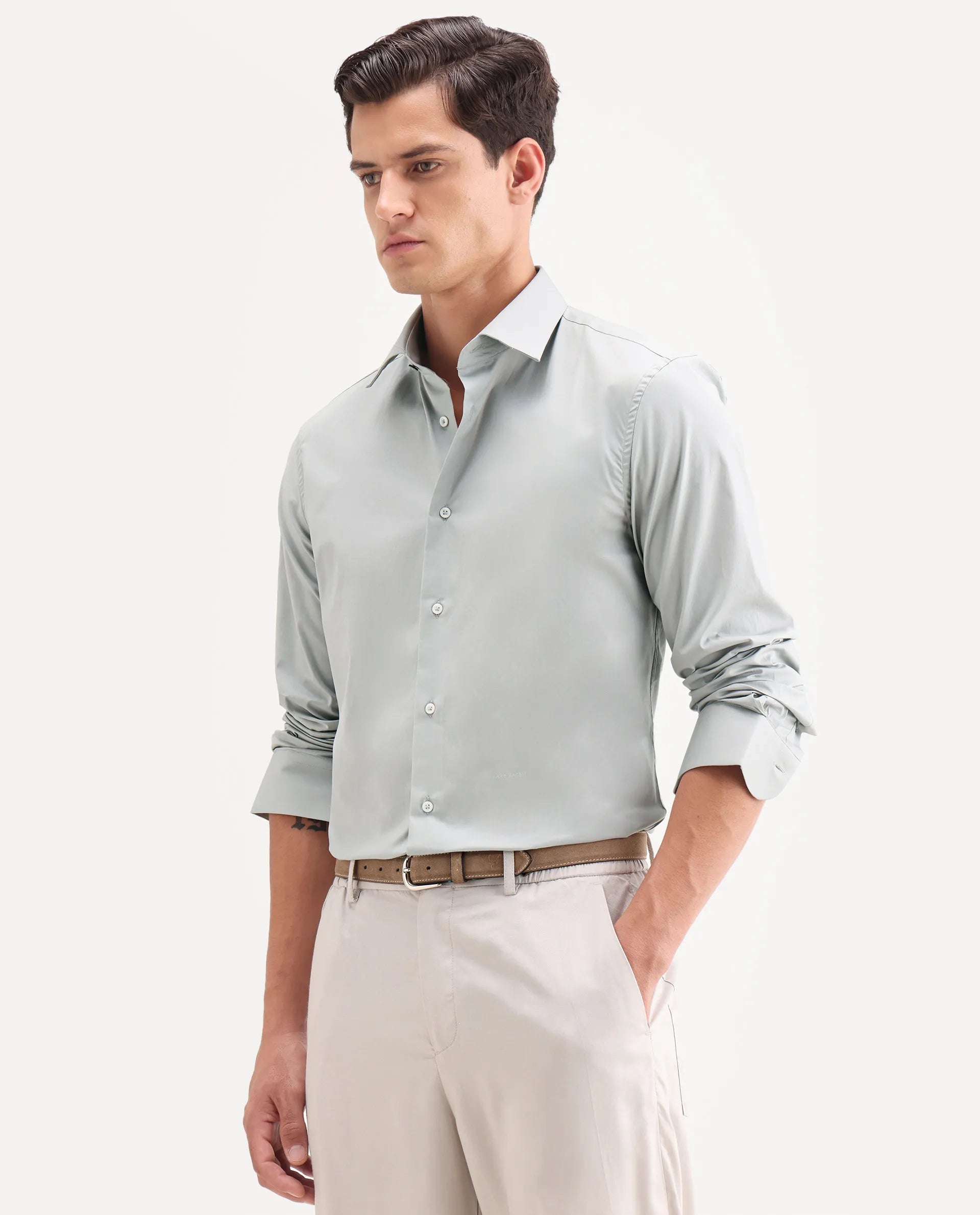 Rare Rabbit Men's Neutron-Ss26 Dusky Green Cotton Blend Full Sleeve Spread Collar Regular Fit Plain Shirt