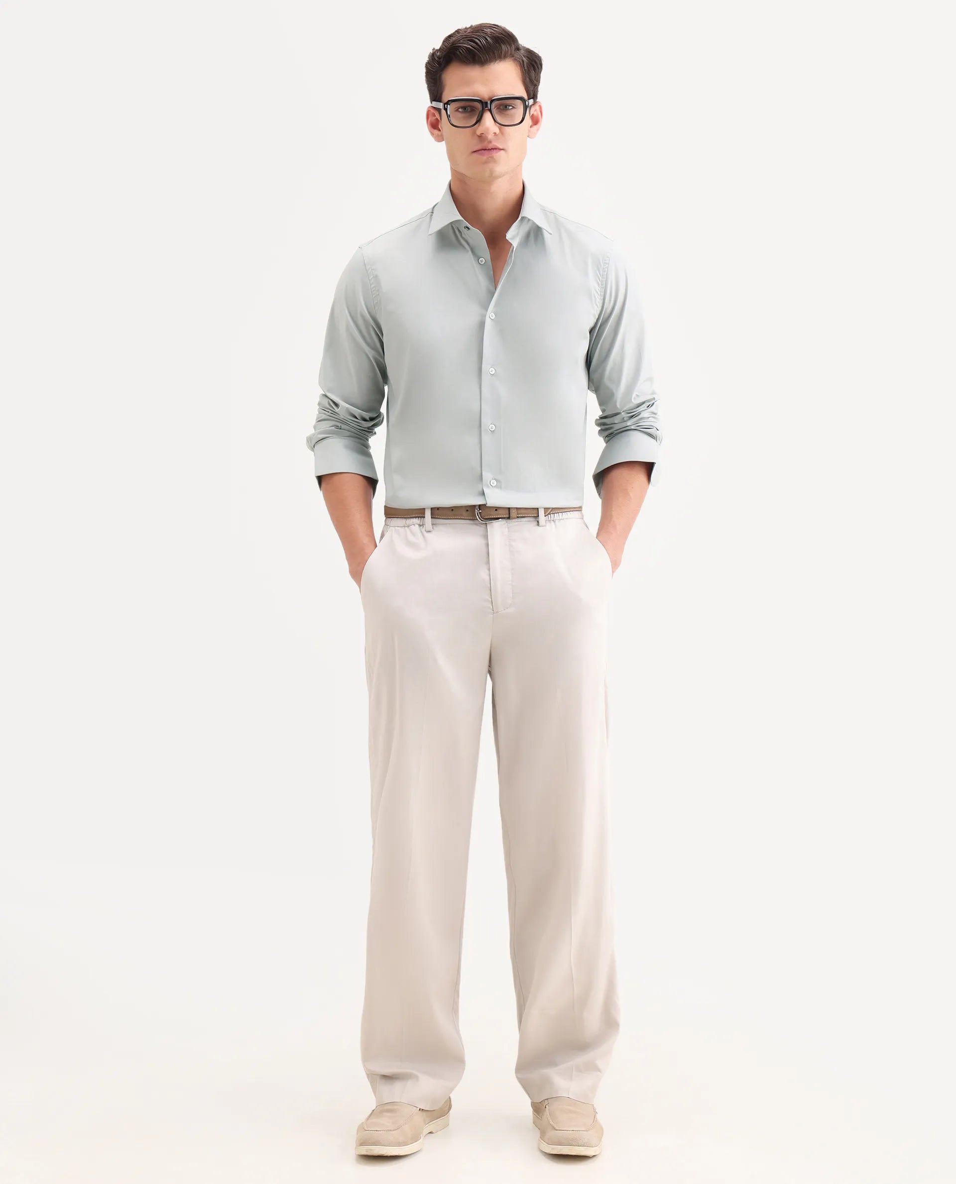 Rare Rabbit Men's Neutron-Ss26 Dusky Green Cotton Blend Full Sleeve Spread Collar Regular Fit Plain Shirt