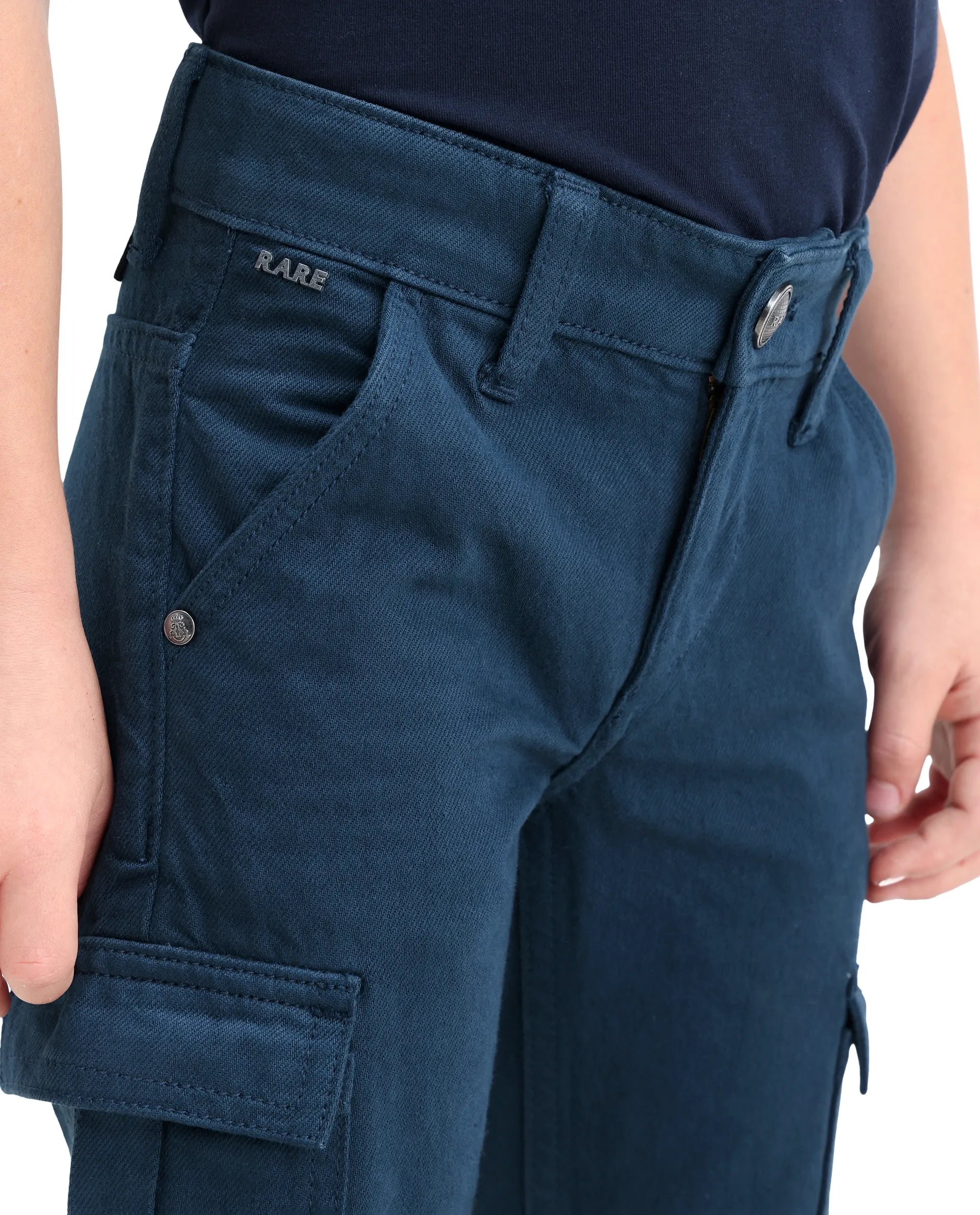 Rare Ones Kids Arrot-1 Dark Teal Cotton Fabric Zipper Closure Cargo Fit Jeans