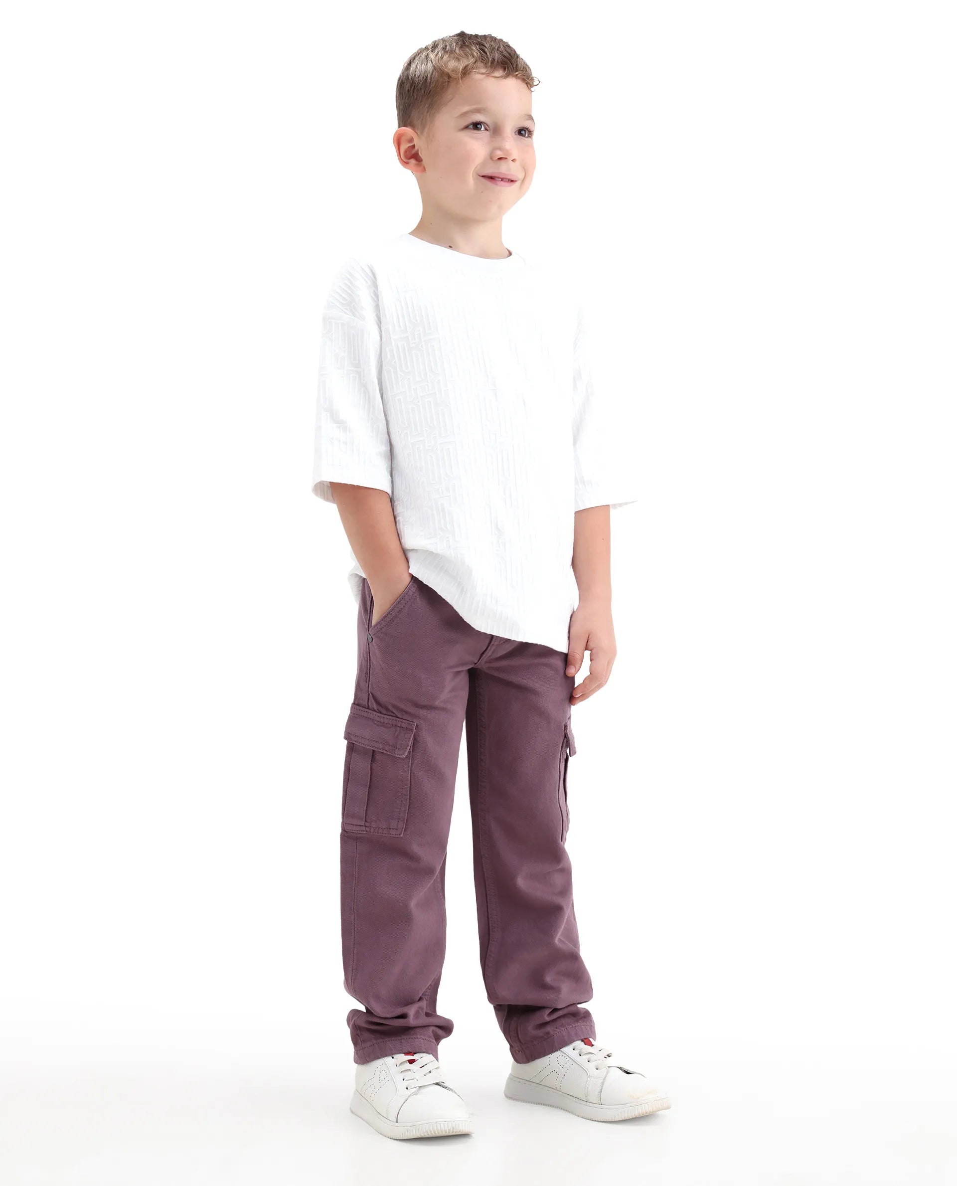 Rare Ones Kids Arrot-2 Dusky Purple Cotton Fabric Zipper Closure Cargo Fit Jeans
