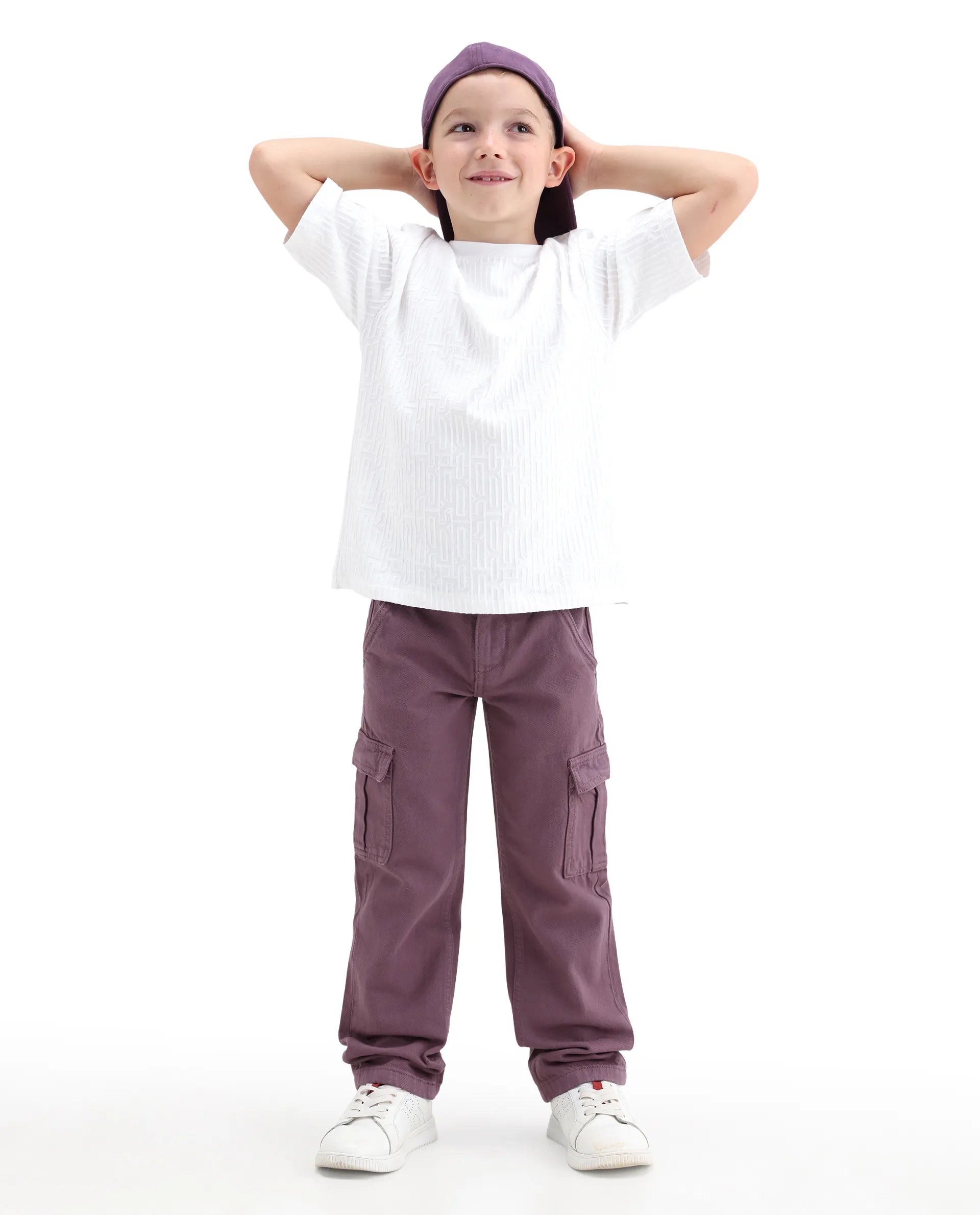 Rare Ones Kids Arrot-2 Dusky Purple Cotton Fabric Zipper Closure Cargo Fit Jeans