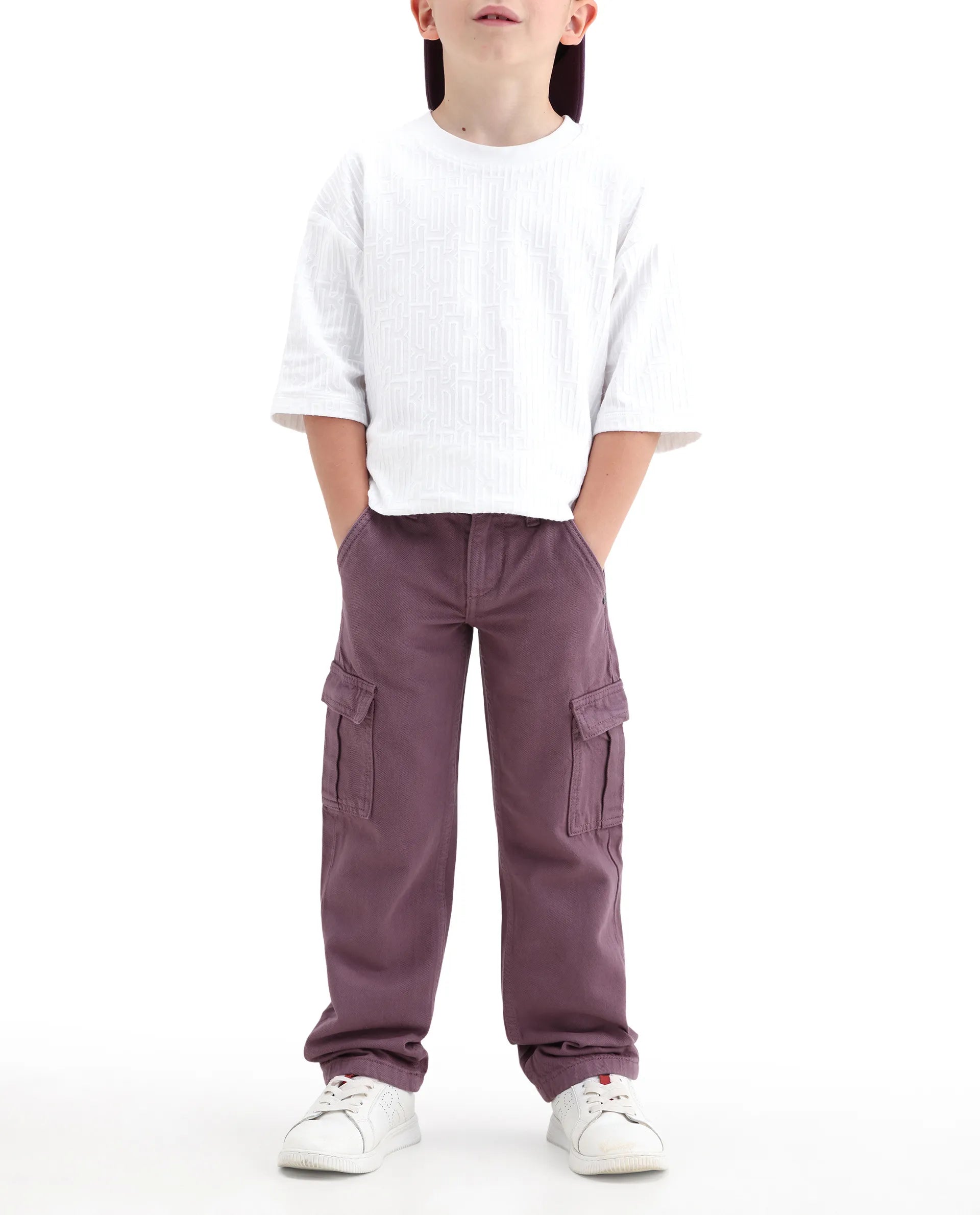 Rare Ones Kids Arrot-2 Dusky Purple Cotton Fabric Zipper Closure Cargo Fit Jeans