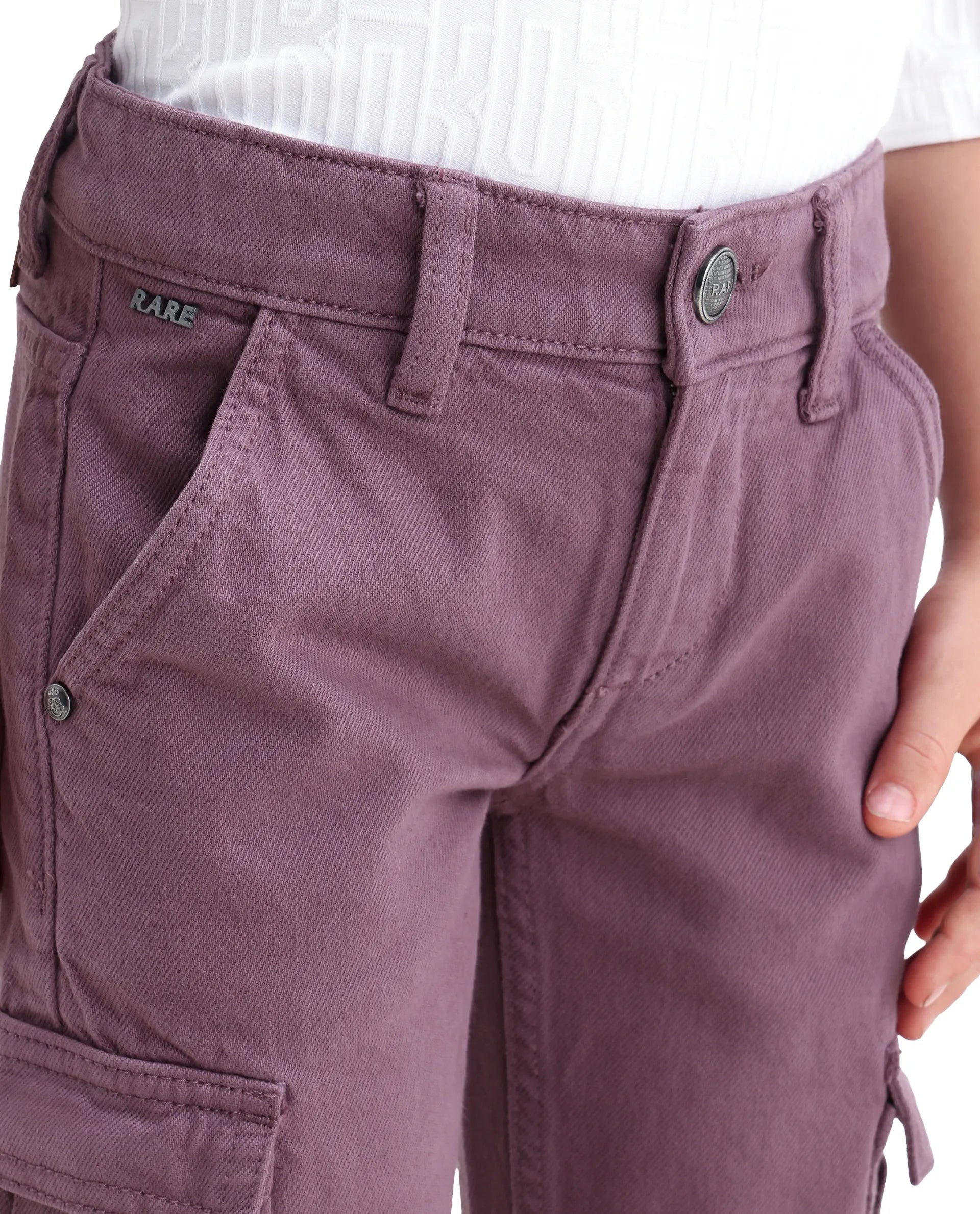 Rare Ones Kids Arrot-2 Dusky Purple Cotton Fabric Zipper Closure Cargo Fit Jeans