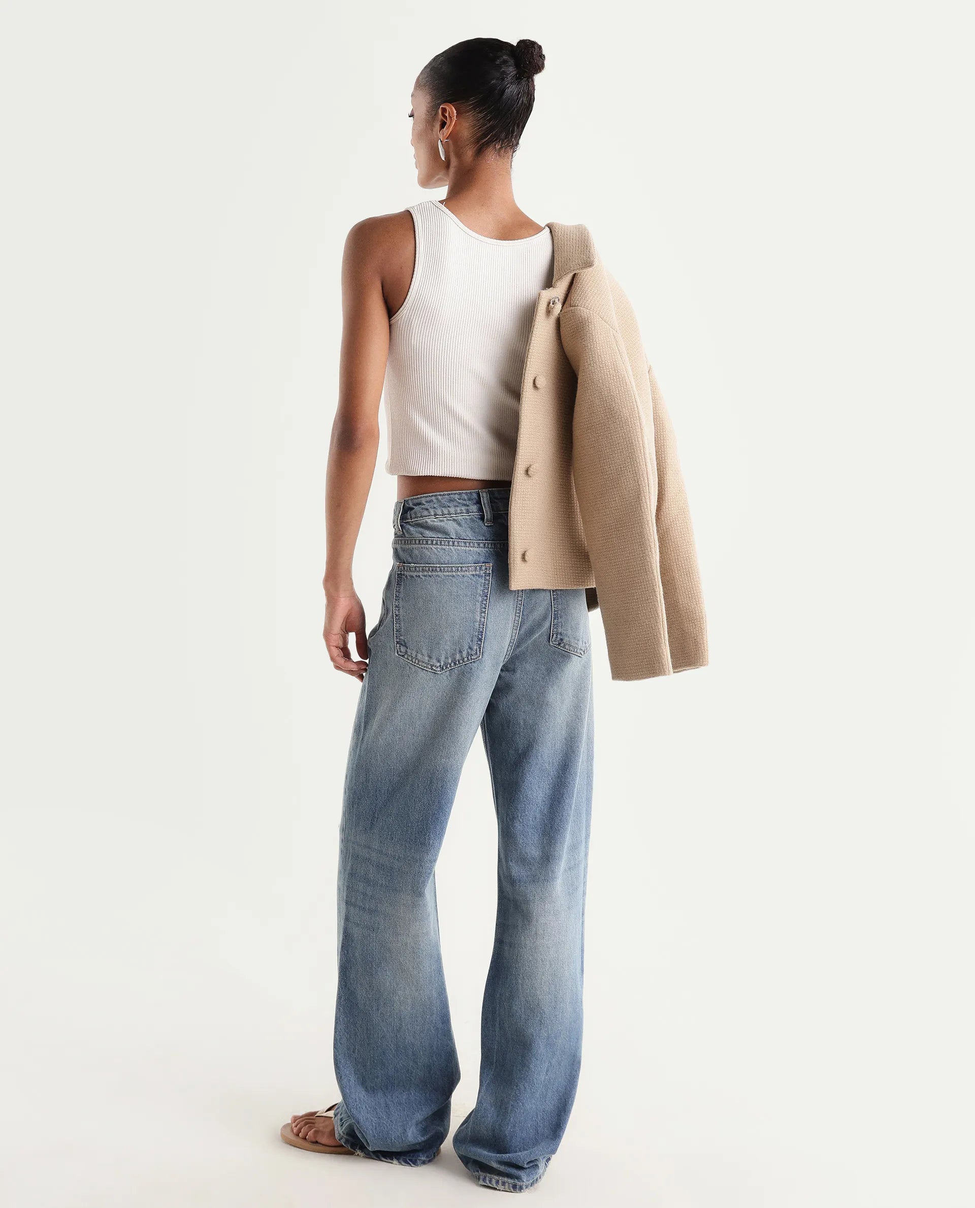 Rareism Women's Stara Light Blue Cotton Blend Straight Fit Plain Jeans