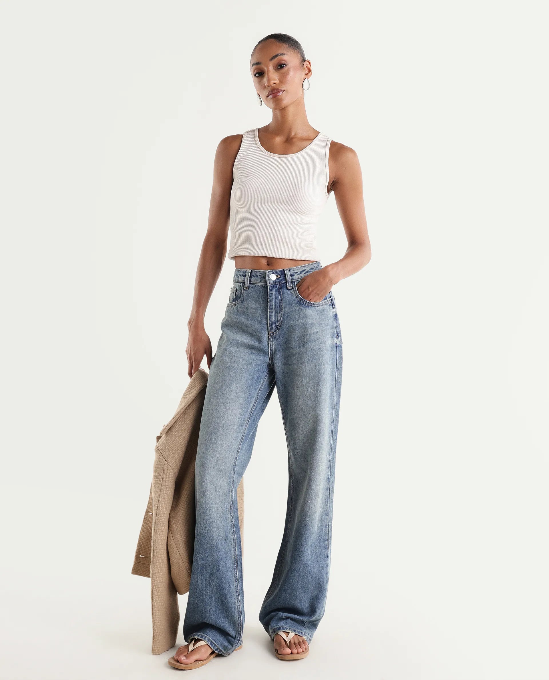 Rareism Women's Stara Light Blue Cotton Blend Straight Fit Plain Jeans