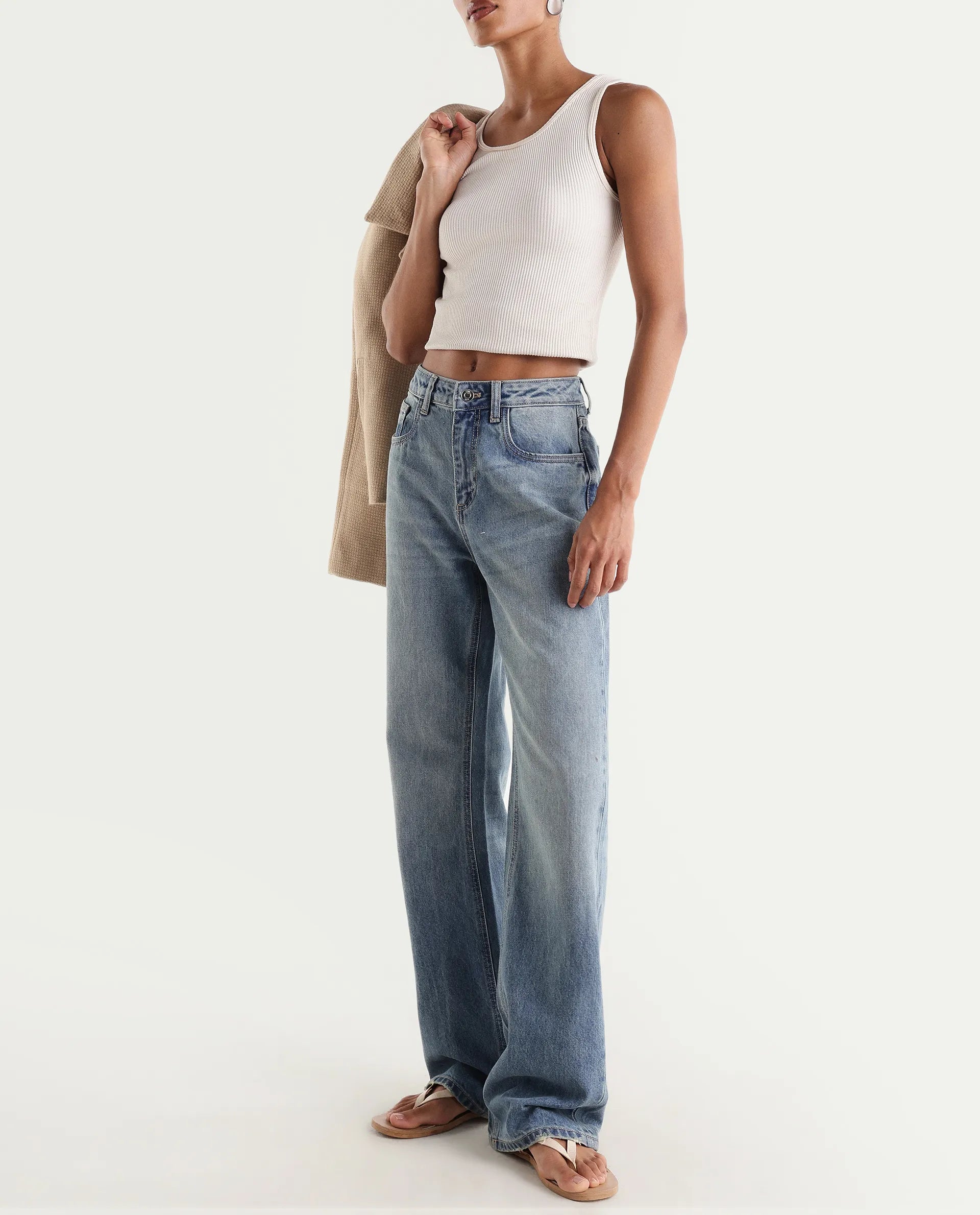 Rareism Women's Stara Light Blue Cotton Blend Straight Fit Plain Jeans