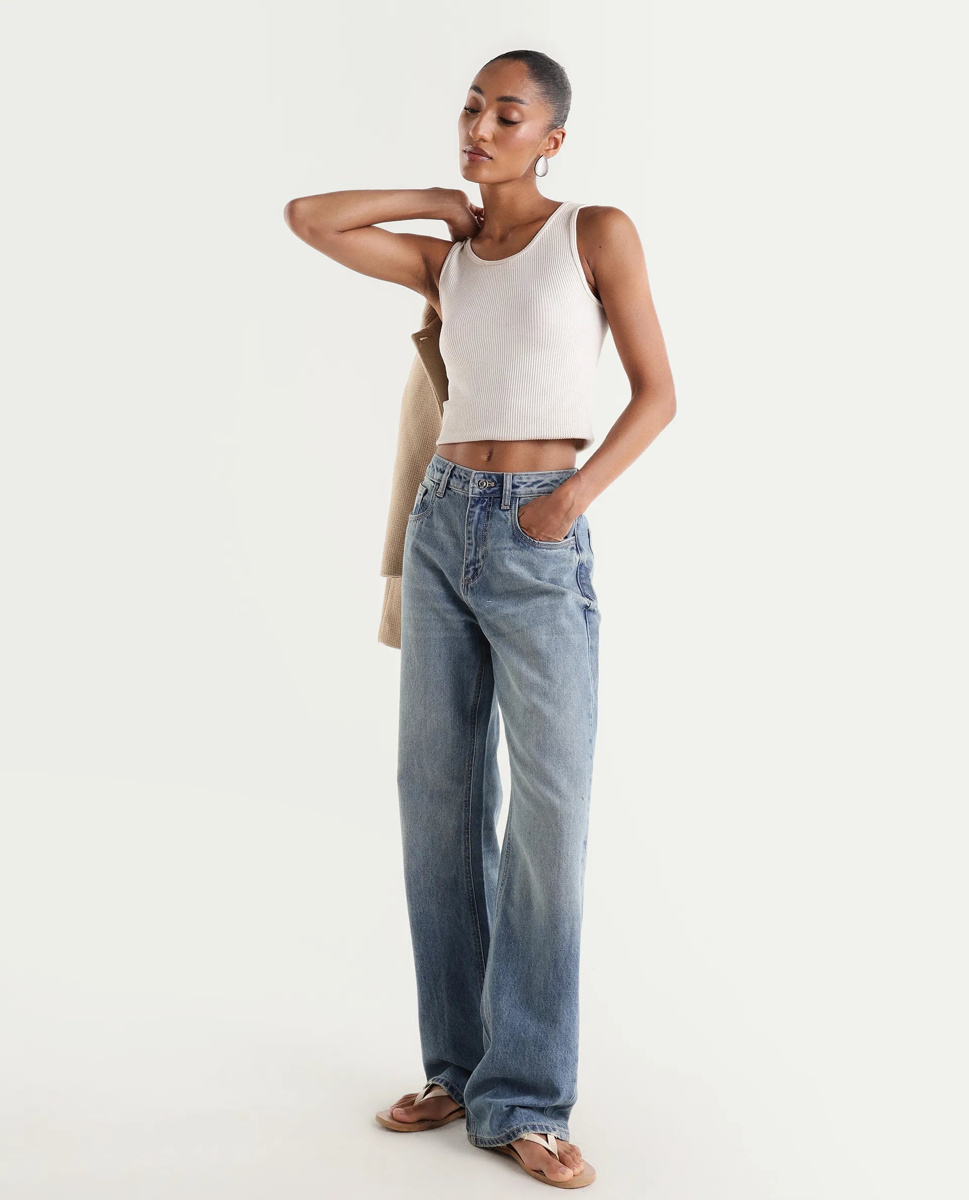 Rareism Women's Stara Light Blue Cotton Blend Straight Fit Plain Jeans