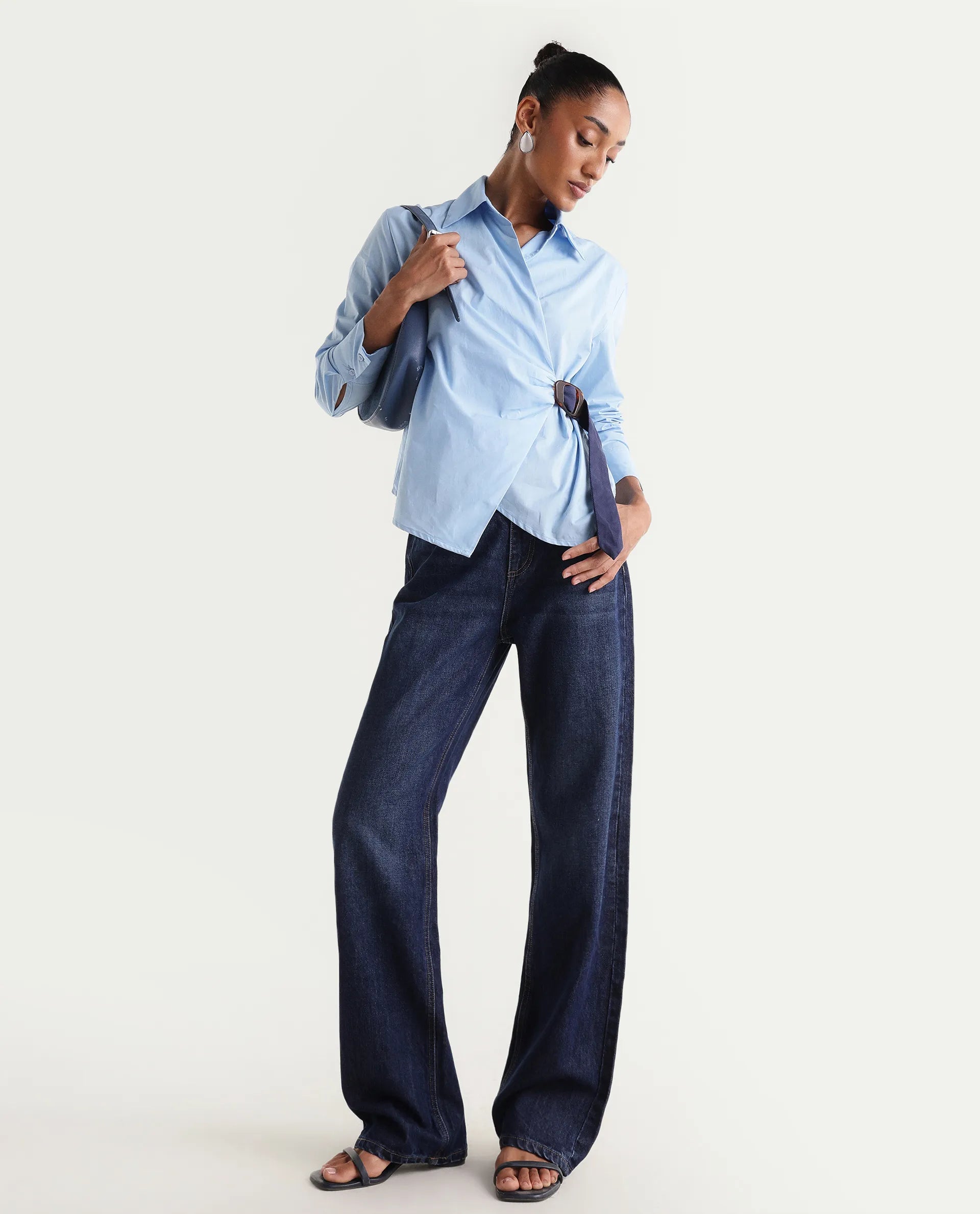 Rareism Women's Stalia Dark Blue Cotton Blend Straight Fit Plain Jeans