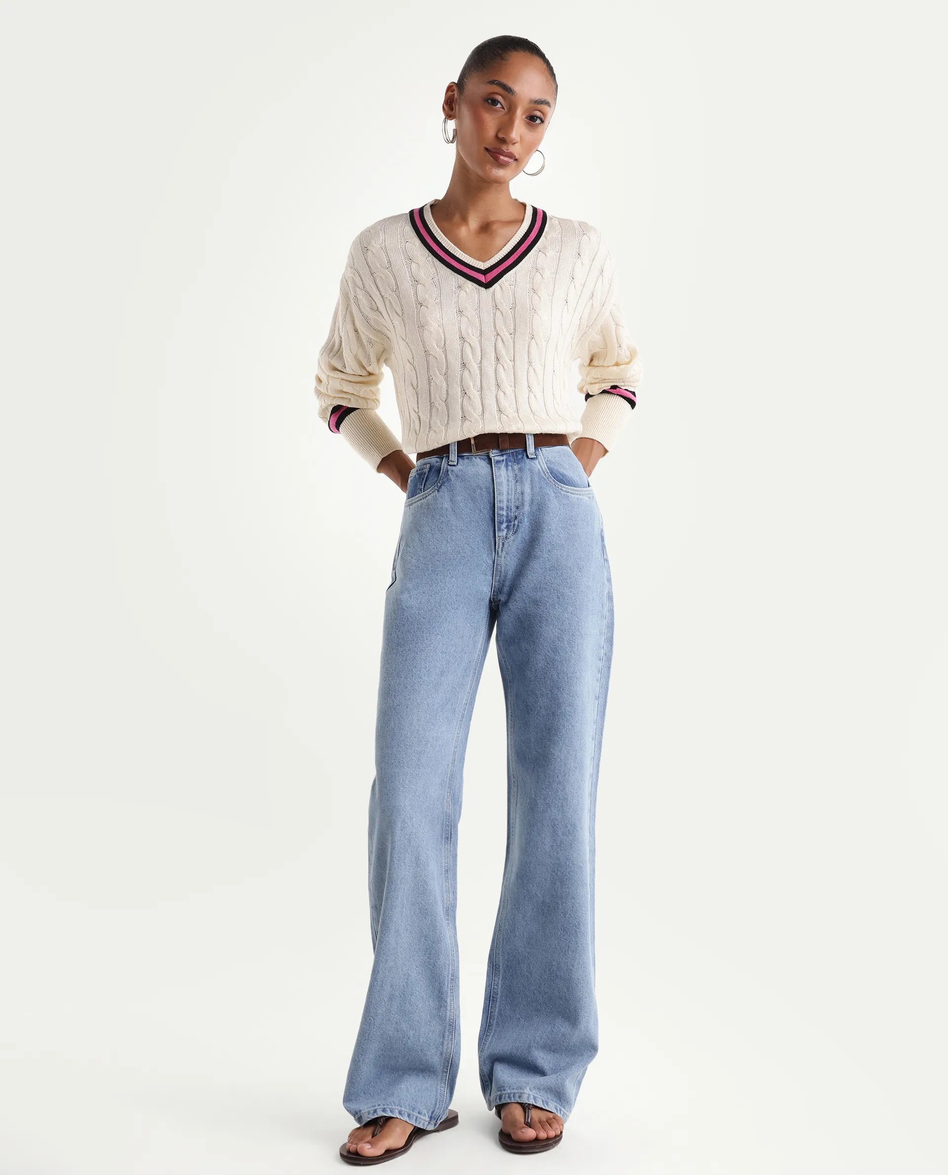 Rareism Women's Stasia Light Blue Cotton Blend Straight Fit Plain Jeans