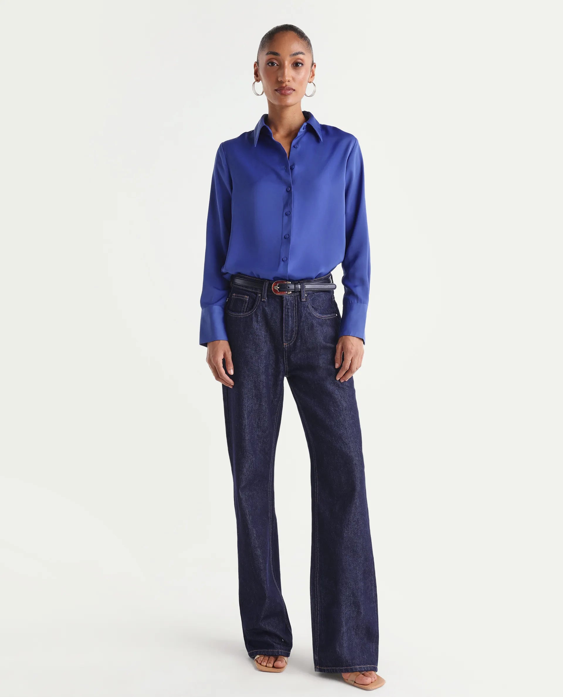 Rareism Women's Starlin Dark Navy Cotton Blend Straight Fit Plain Jeans