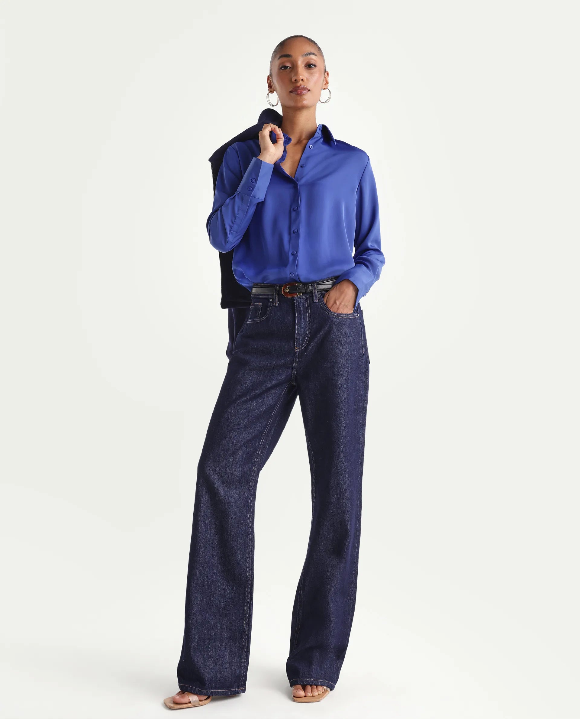 Rareism Women's Starlin Dark Navy Cotton Blend Straight Fit Plain Jeans