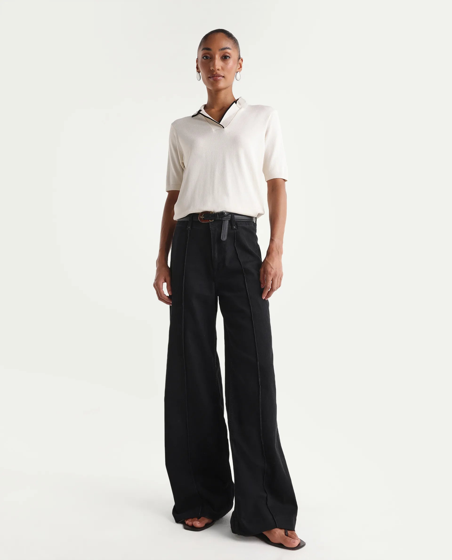 Rareism Women's Exia Black Cotton Blend Wide Leg Plain Jeans