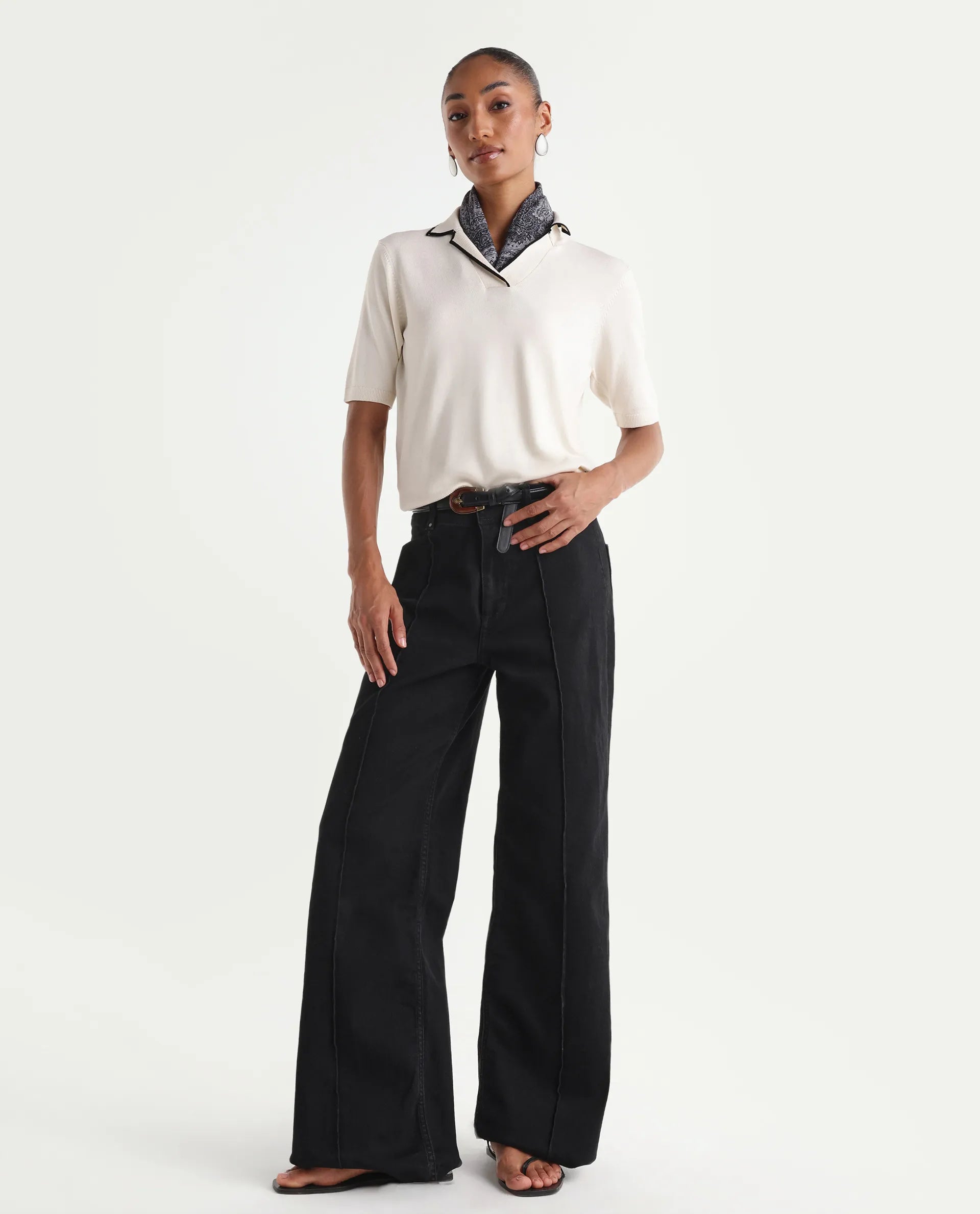 Rareism Women's Exia Black Cotton Blend Wide Leg Plain Jeans