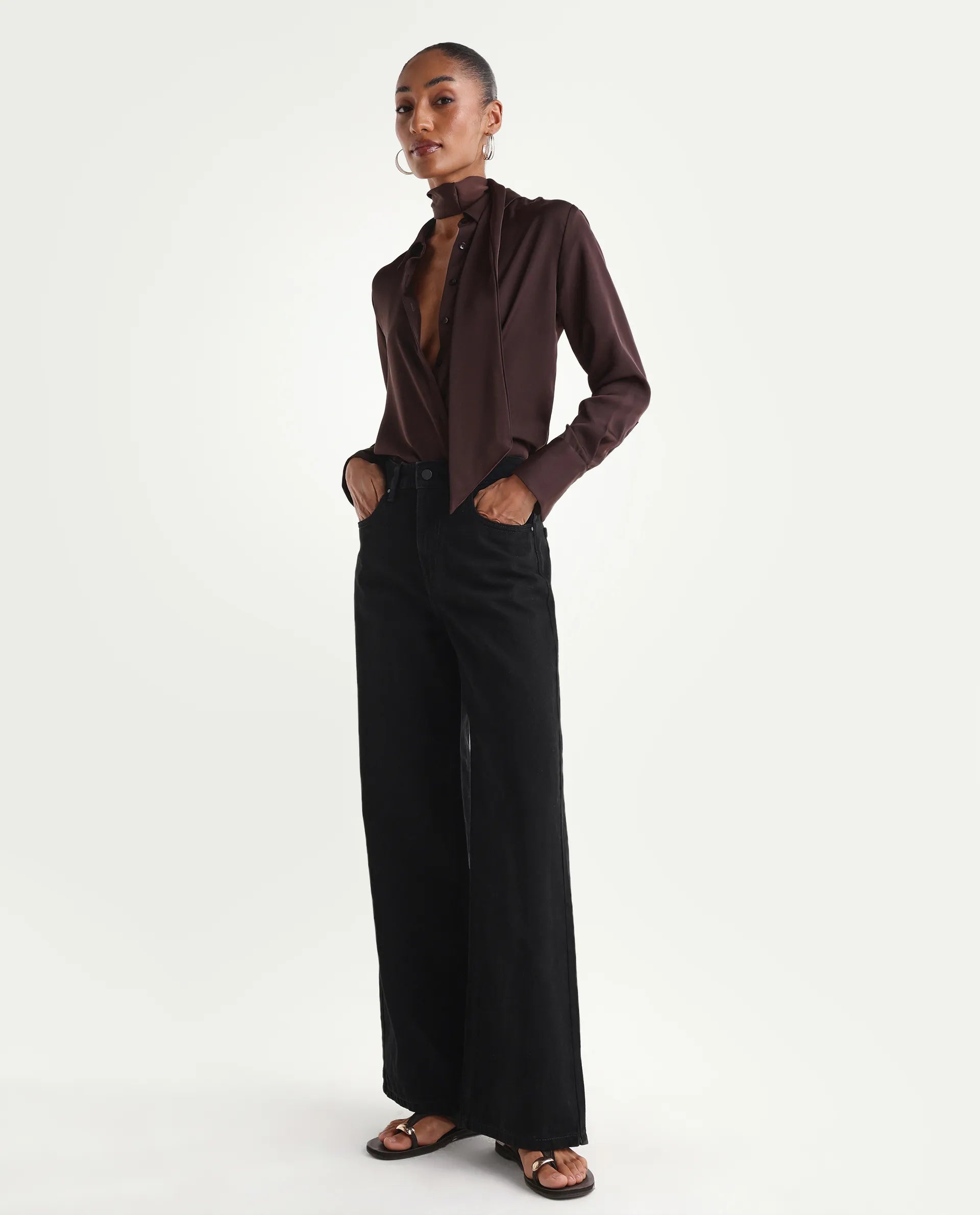 Rareism Women's Ribexa Black Cotton Wide Leg Plain Jeans