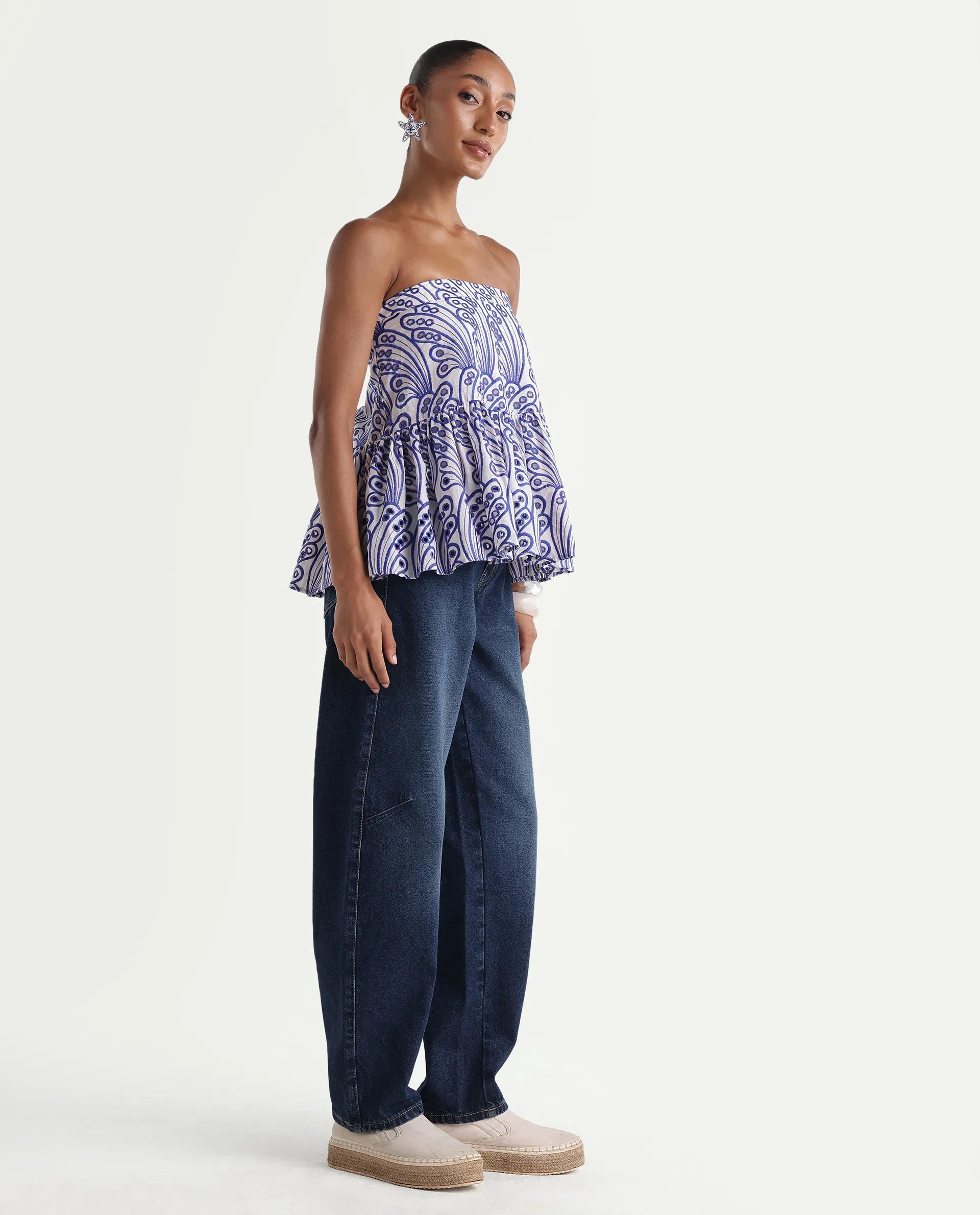 Rareism Women's Talbin Dark Blue Cotton Tall Barrel Fit Plain Jeans