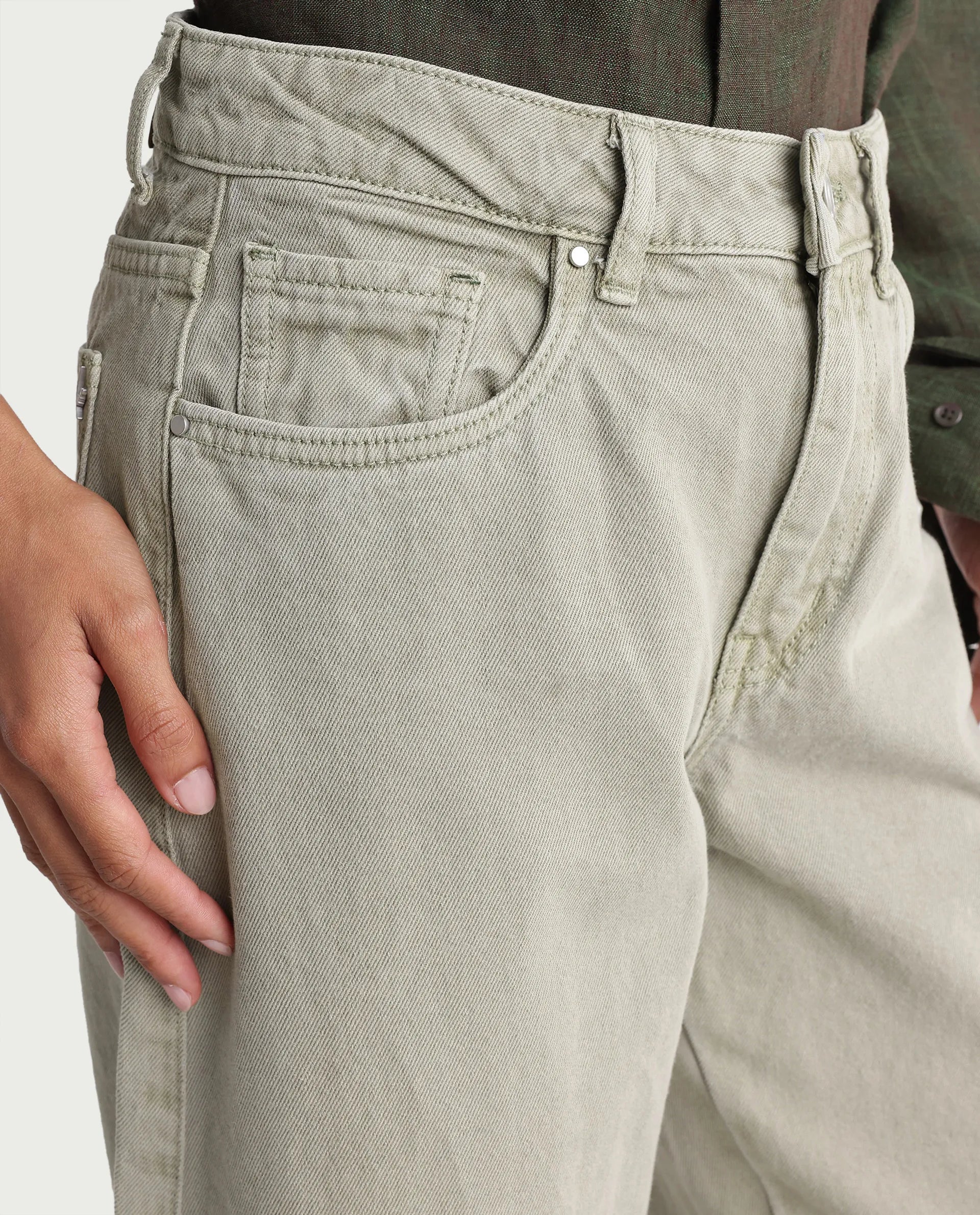 Rareism Women's Talbo Olive Cotton Plain Tall Barrel Fit Jeans
