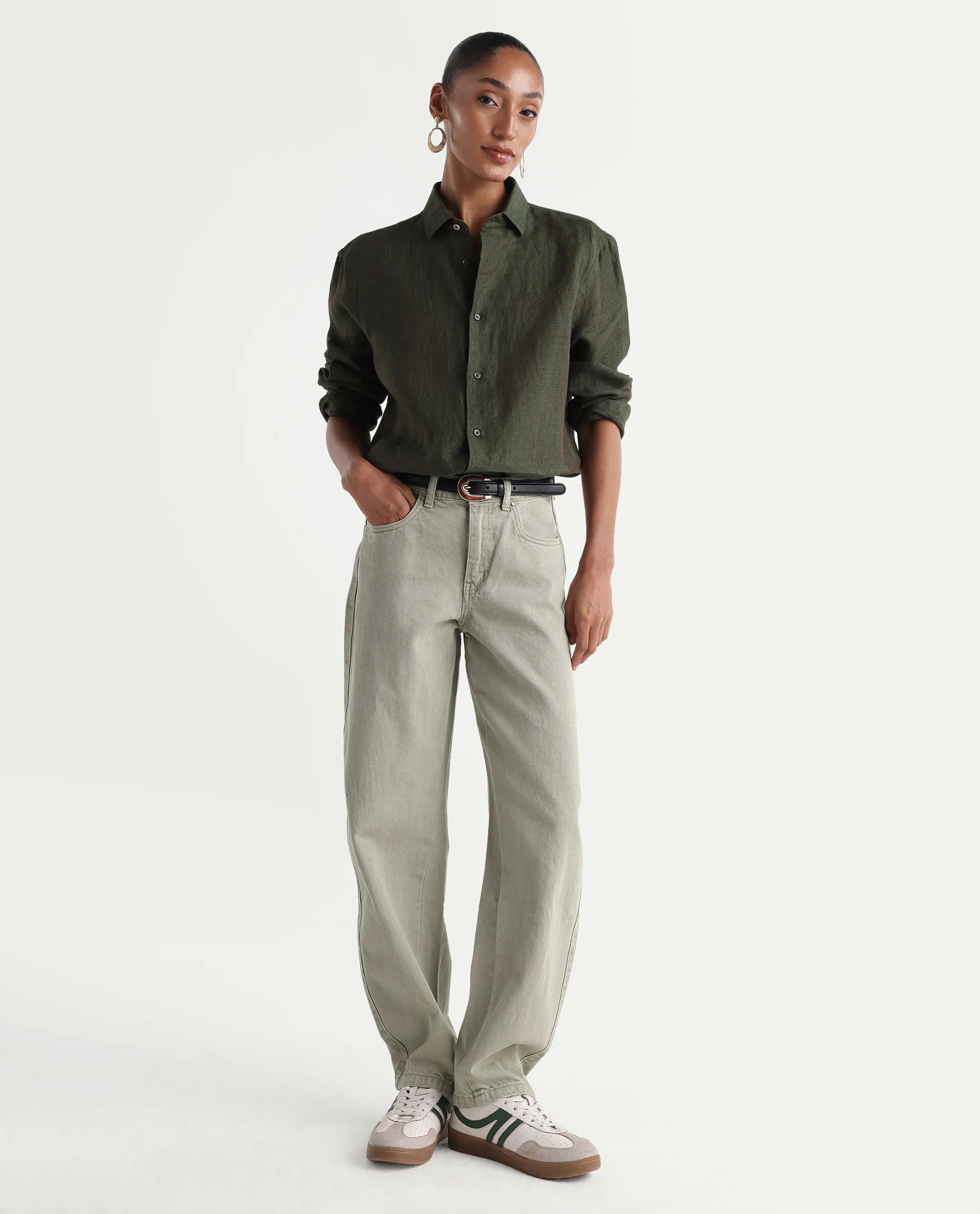 Rareism Women's Talbo Olive Cotton Plain Tall Barrel Fit Jeans