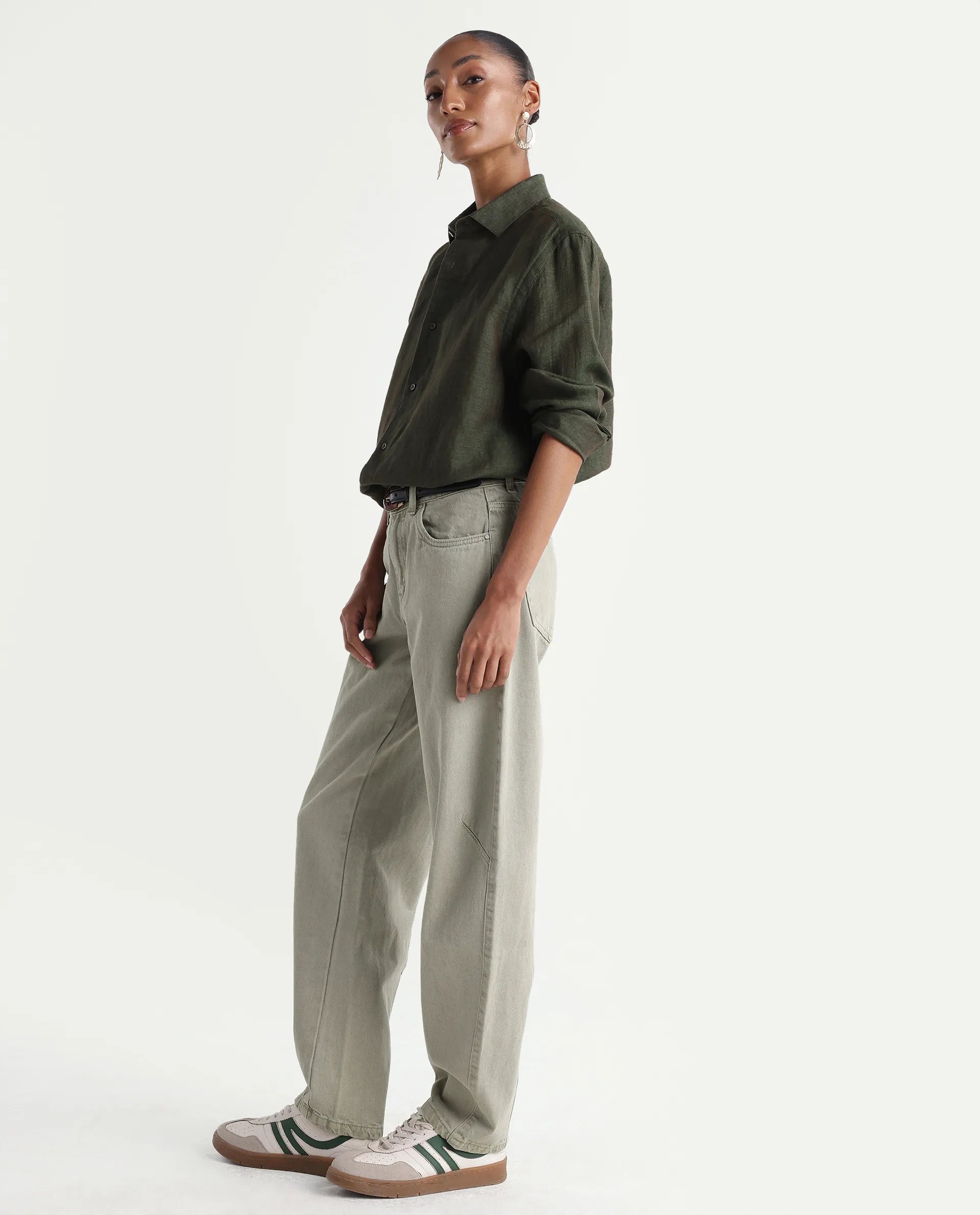 Rareism Women's Talbo Olive Cotton Plain Tall Barrel Fit Jeans